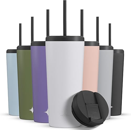 Miniatura 1 de JoyJolt Vaso de 20 onzas con triple aislamiento con tapa y popote (2 cada uno) de acero inoxidable de doble pared al vacío, con forro de cobre para