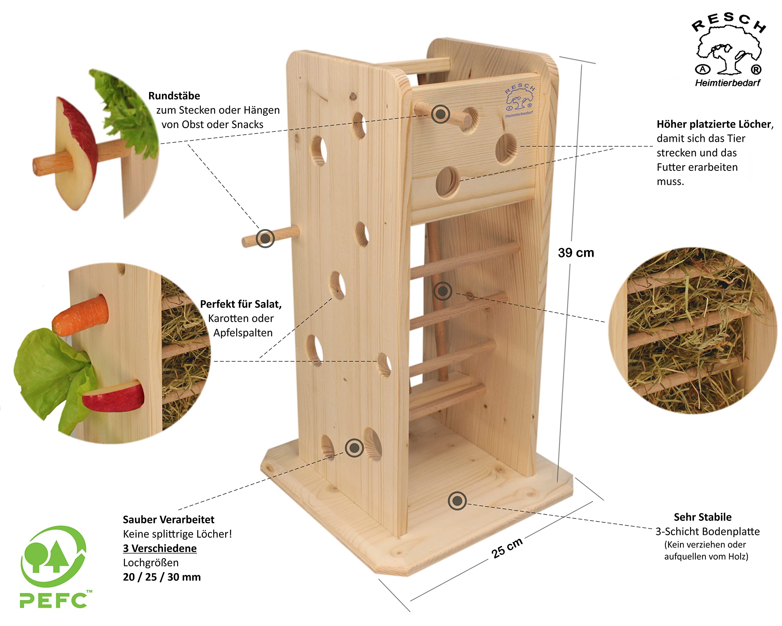 Resch Nr43 Futterturm, naturbelassenes Massivholz aus Fichte/Lochwände und Rundstäbe zum stecken oder hängen der Snacks/mit Großer Heuraufe von Zwei Seiten zugänglich /24,5 x 40 x 24,5cm (LxHxB)