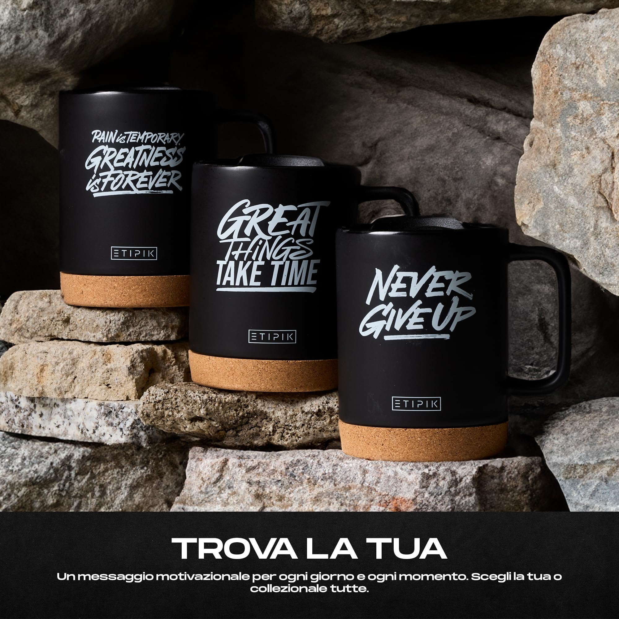 ETIPIK Tazza in ceramica di qualità con frase motivazionale per caffè infusioni tè con coperchio e base in sughero tazze originali per regalare compleanno amico invisibile