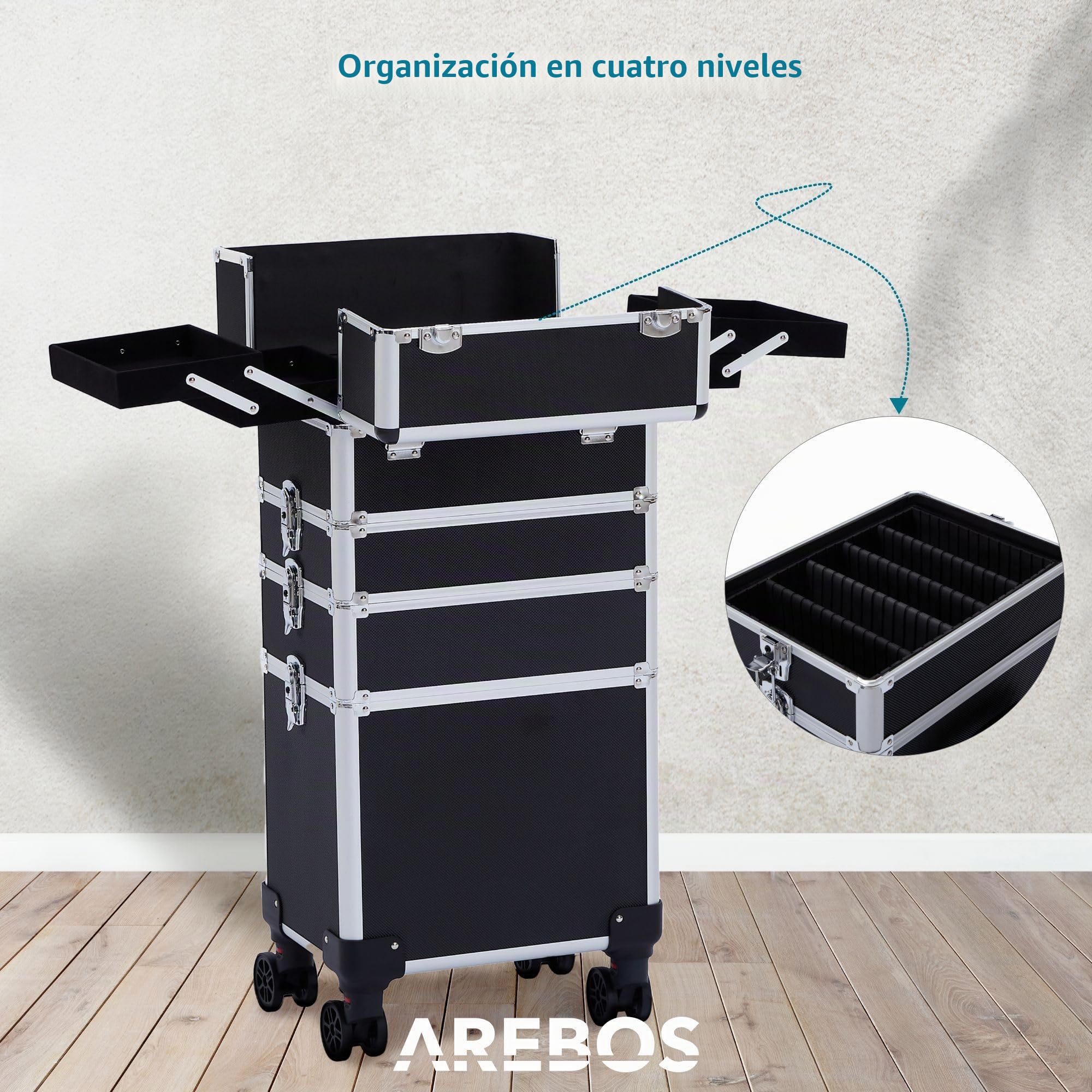 Arebos 4 en 1 Maletín Cosméticos | Maleta para Maquillaje Profesional | Maletin Maquillaje| 4 Compartimentos y 1 cajón | con Cierre | Forro de Terciopelo | Trolley | Negro