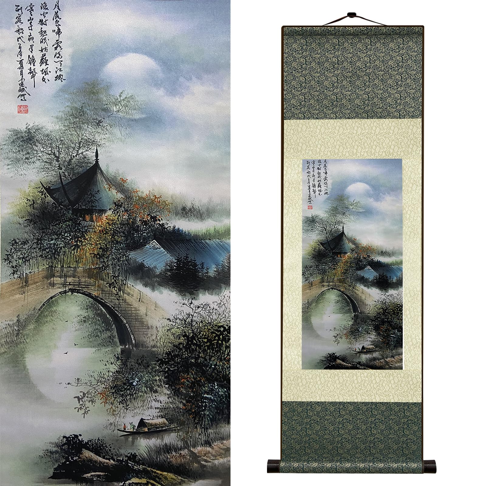 Newscz Bedroom Wall Art Silk Scroll Natural Scenery Wall Painting Waterfall River Landscape Posters Wall Tapestry Asian Art House Decoration for Home Living Room Lounge Decor 36 by 12 in(HJ-J002)