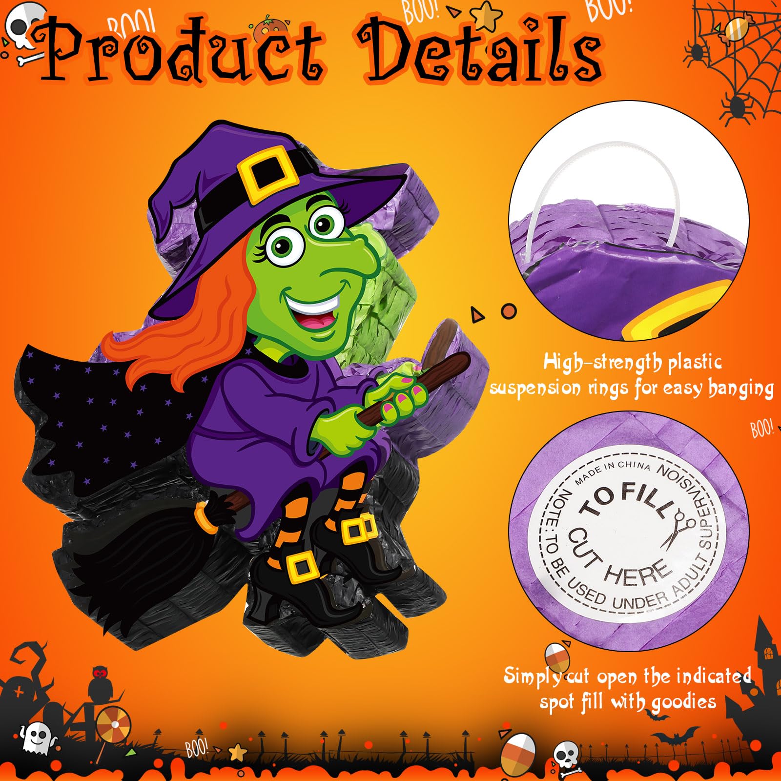 Aoriher Piñata de Bruja de Halloween Decorativa con Palo Vendar de Ojos y Confeti Piñata Rellena de Dulces para Halloween Fiesta Cumpleaños Mexicana Suministros Juego