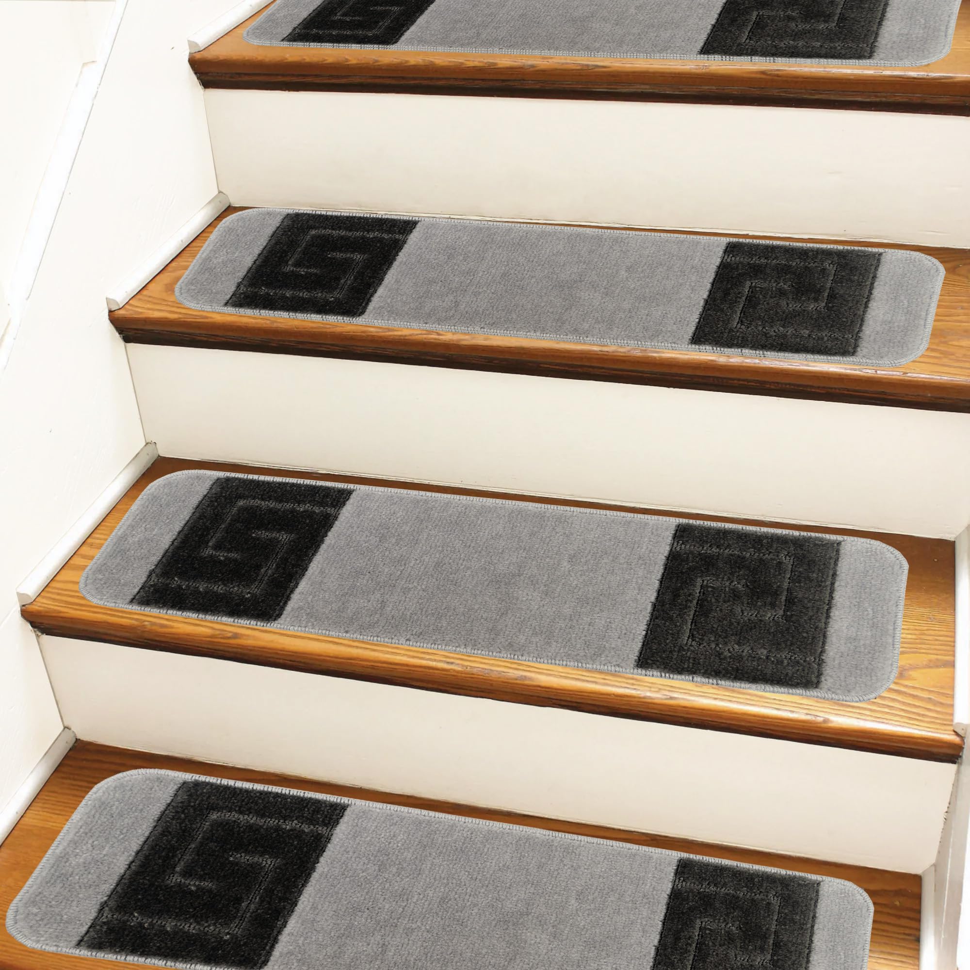 Millenium Stair Tread Treads Meander Greek Key Design Indoor Skid Slip Resistant Carpet Stair Tread Treads Machine Washable 8 ½ inch x 30 inch (Set of