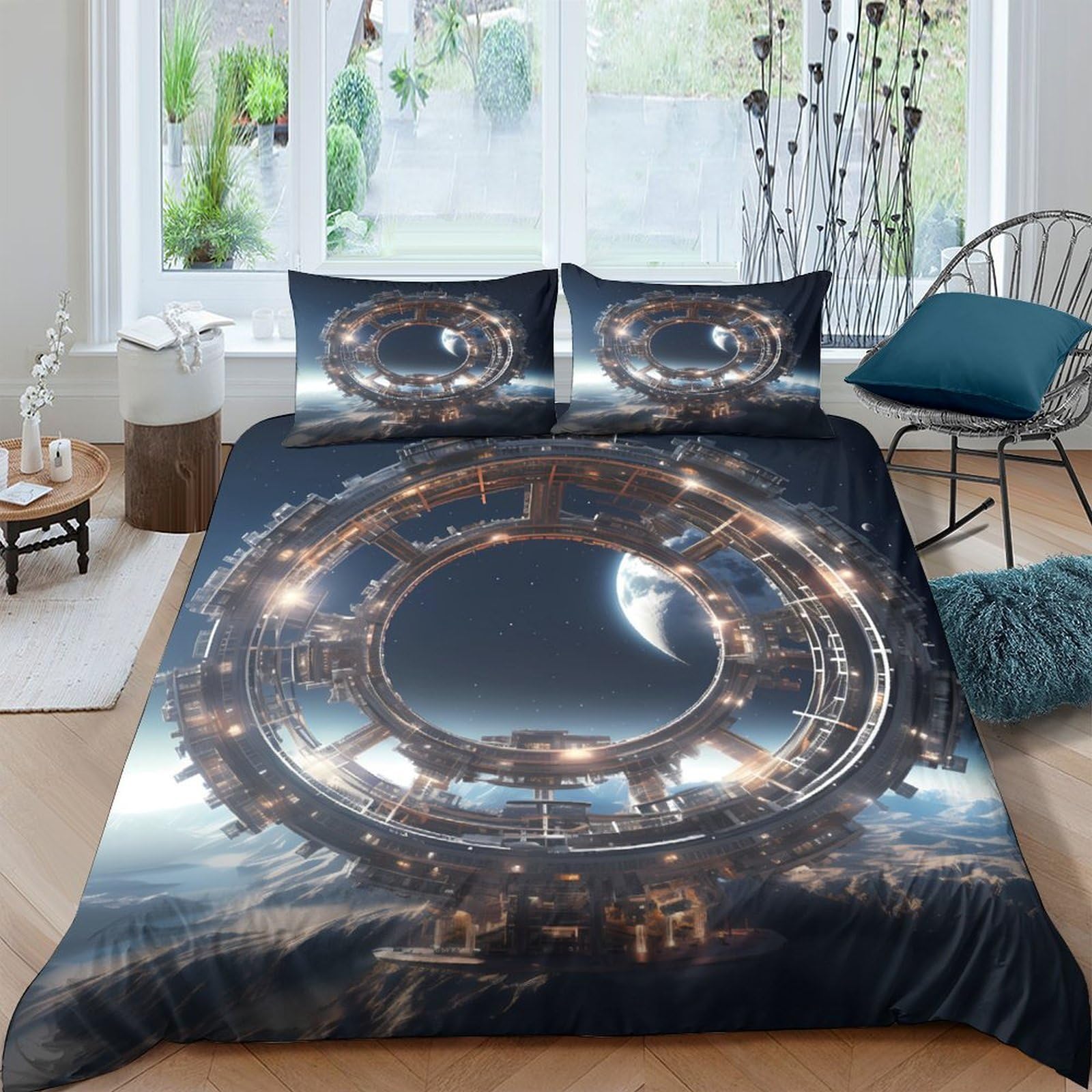 Ctjqhvkz Style-10 3D Printed Futuristic Space City Fitted Sheet Microfiber Soft Bed Cover Galaxy Portal Mattress Cover For Bedroom Single（135X200cm）