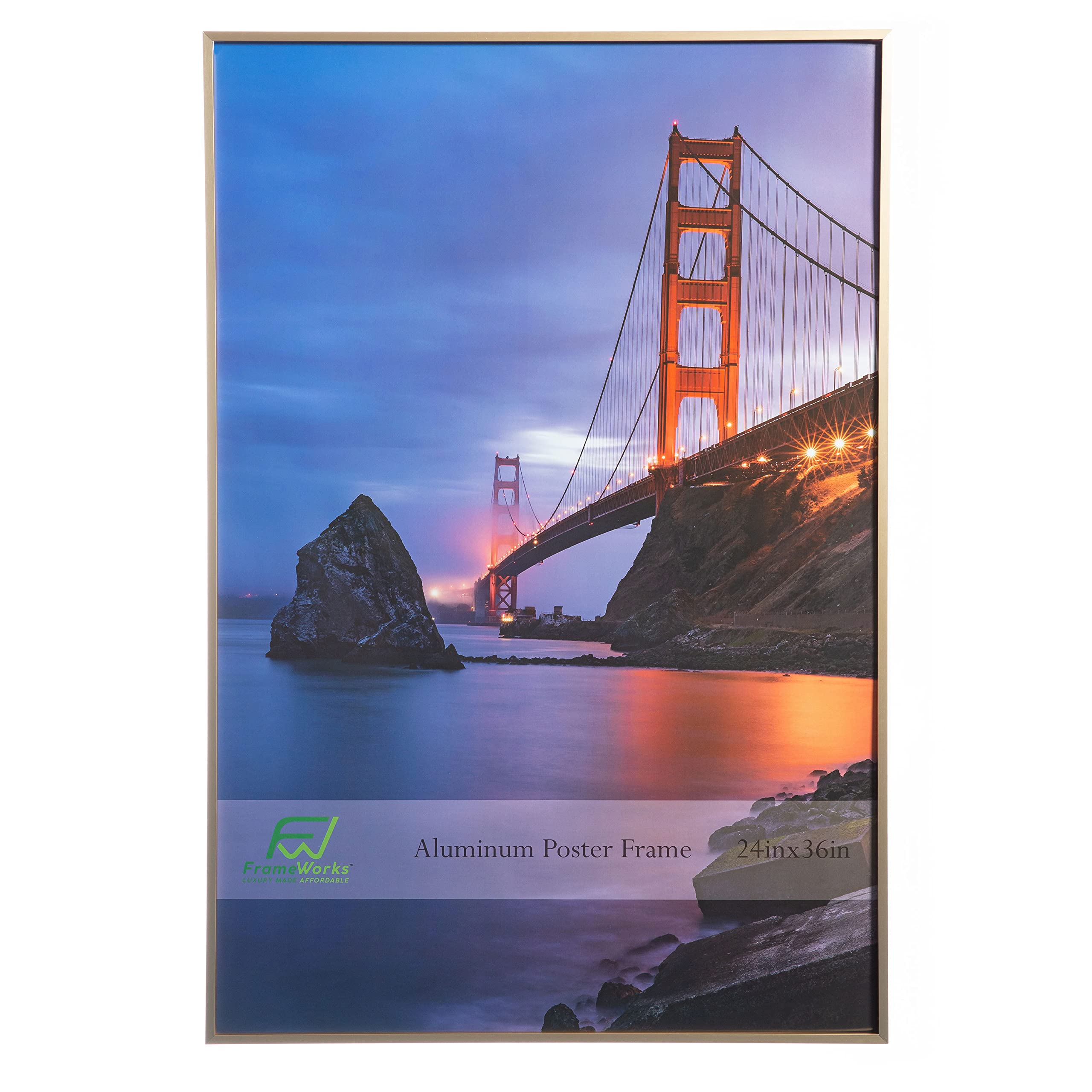 FrameWorks 24In x 36In Gold Brushed Aluminum Poster Picture Frame with Plexiglass 1-Pack, 24Inx36In