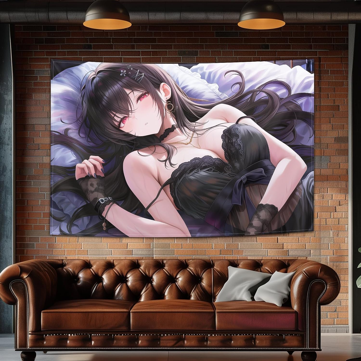 kubaricasy Japanese Midnight Date Sexy Anime Waifu Tapestry Wall Hanging, Edgy Gothic Waifu Aesthetic Room Decor, Soft Large Decorative Mural for Bedroom, Gamer Room, Dorm, 150 x 100 cm 60"x40" image 5