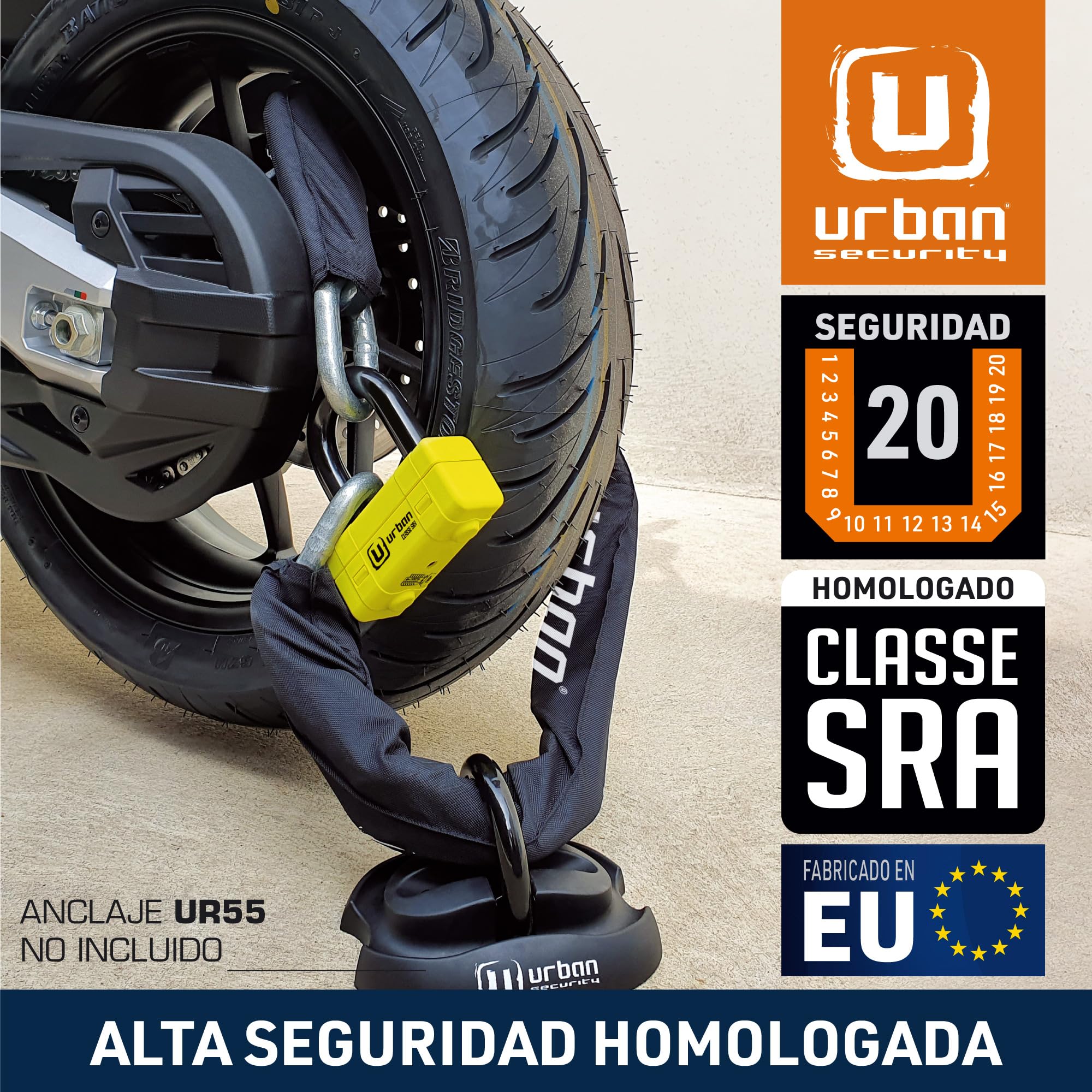 URBAN UR75150 Cadena Candado Antirrobo Pesado ø15mm + Mini U, Alta Seguridad Homologada SRA, 150cm Completamente Testada +Visible, Antirobo Multifunción para Disco Freno, Anclaje, Motocicleta, Parking