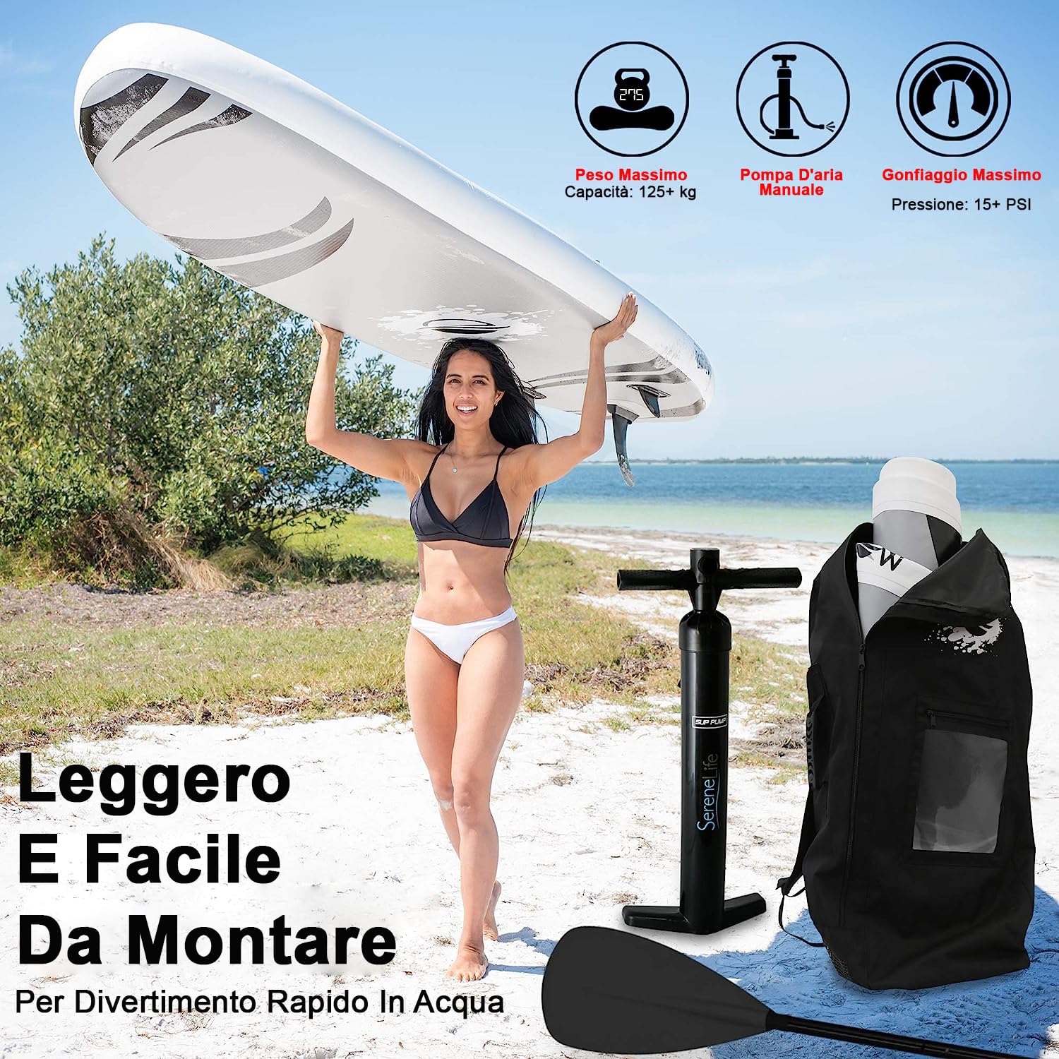 SereneLife Stand up Paddle Board Gonfiabile - Pagaia SUP Antiscivolo, Pompa, Cordino di Sicurezza e Accessori Giovani