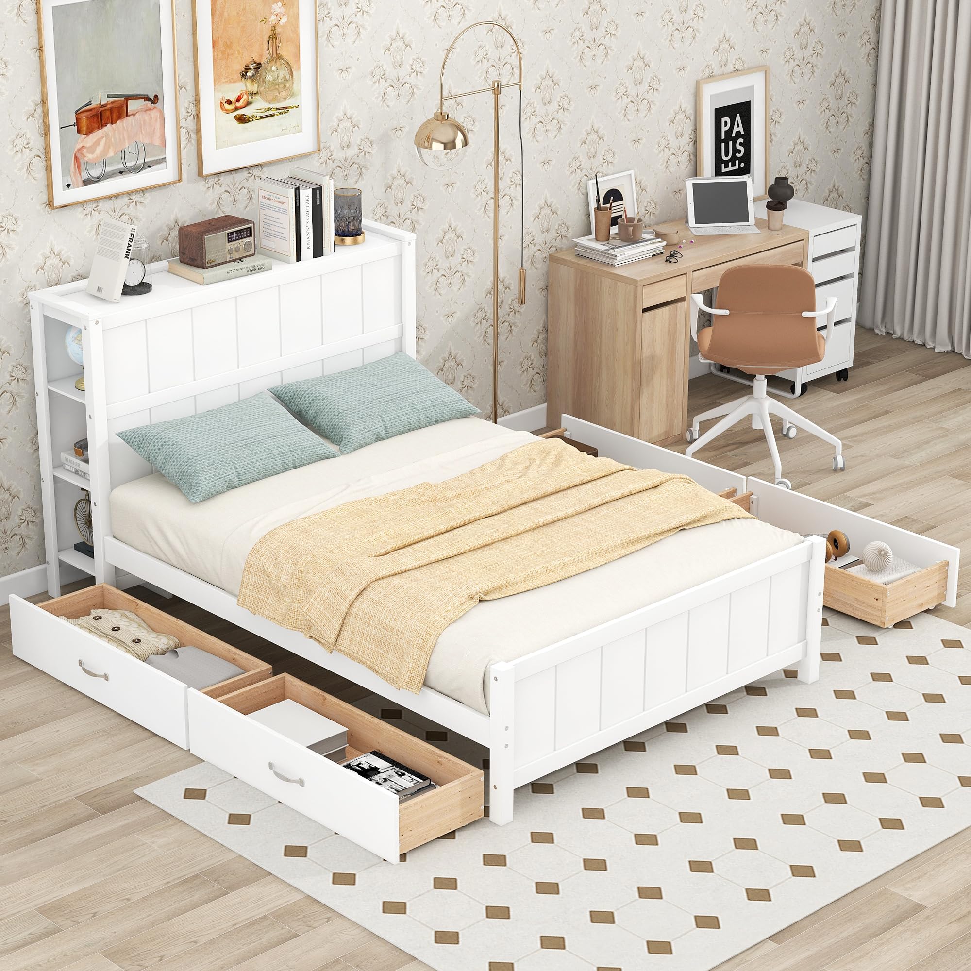 Harper & Bright DesignsFull Size Bed with Bookcase Headboard and Storage Drawers, Solid Wood Platform Bed Frame, No Box Spring Needed, for Kids Teens Adults - White