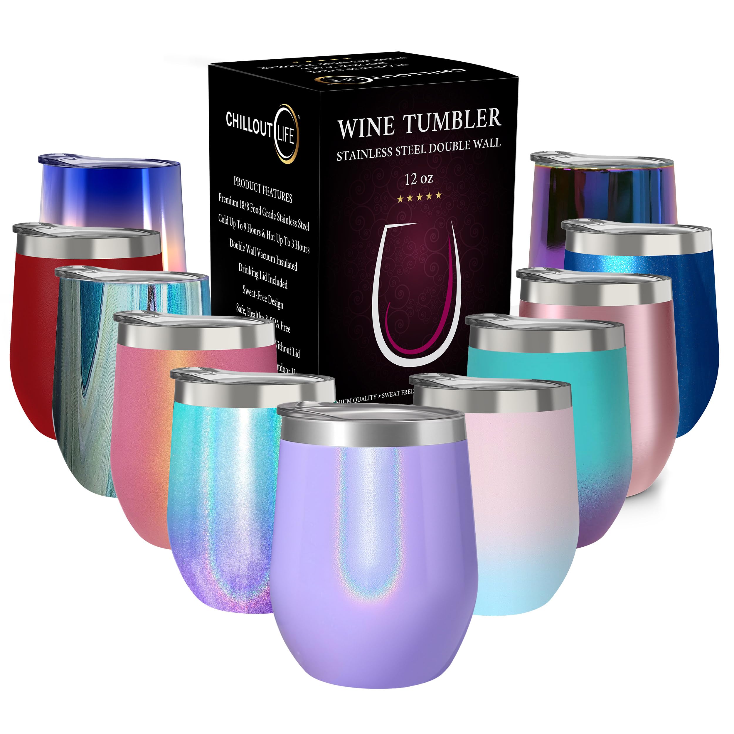 CHILLOUT LIFE 12 oz Stainless Steel Tumbler with Lid - Wine Tumbler Double Wall Vacuum Insulated Travel Tumbler Cup for Coffee, Wine, Cocktails, Ice Cream - Purple Sparkle — image 1