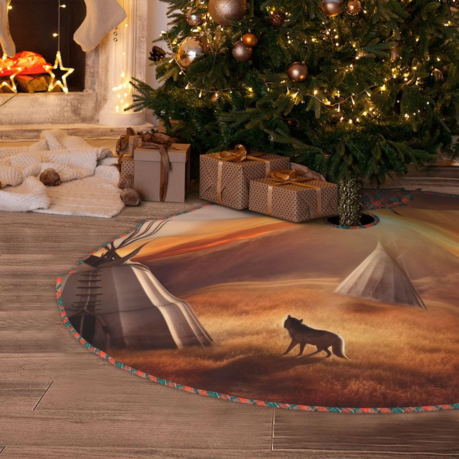 Native American Tribes Christmas Tree Skirt 36" Artificial Tree Mat Cover Merry Christmas Burlap Xmas Tree Skirt for Christmas Decoration Holiday Indoor Outdoor Winter Party Decor