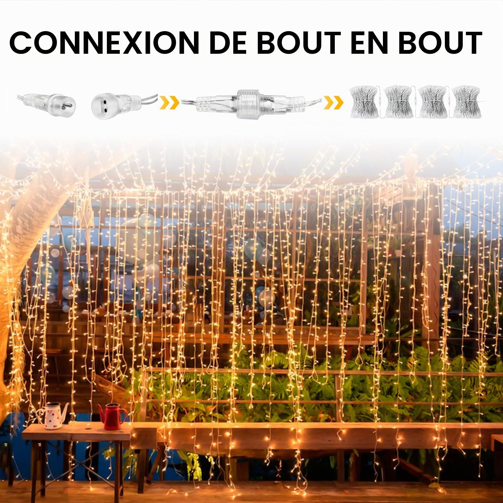 Elegear Rideau Guirlande Lumineuse 3M*6M 600 LEDs Blanc Chaud, Rideau Lumineux 8 Modes d'Eclairage Avec Adaptateur Secteur Etanche IP44 pour Décoration Rideaux Fenêtre Balcon Terrasse Véranda