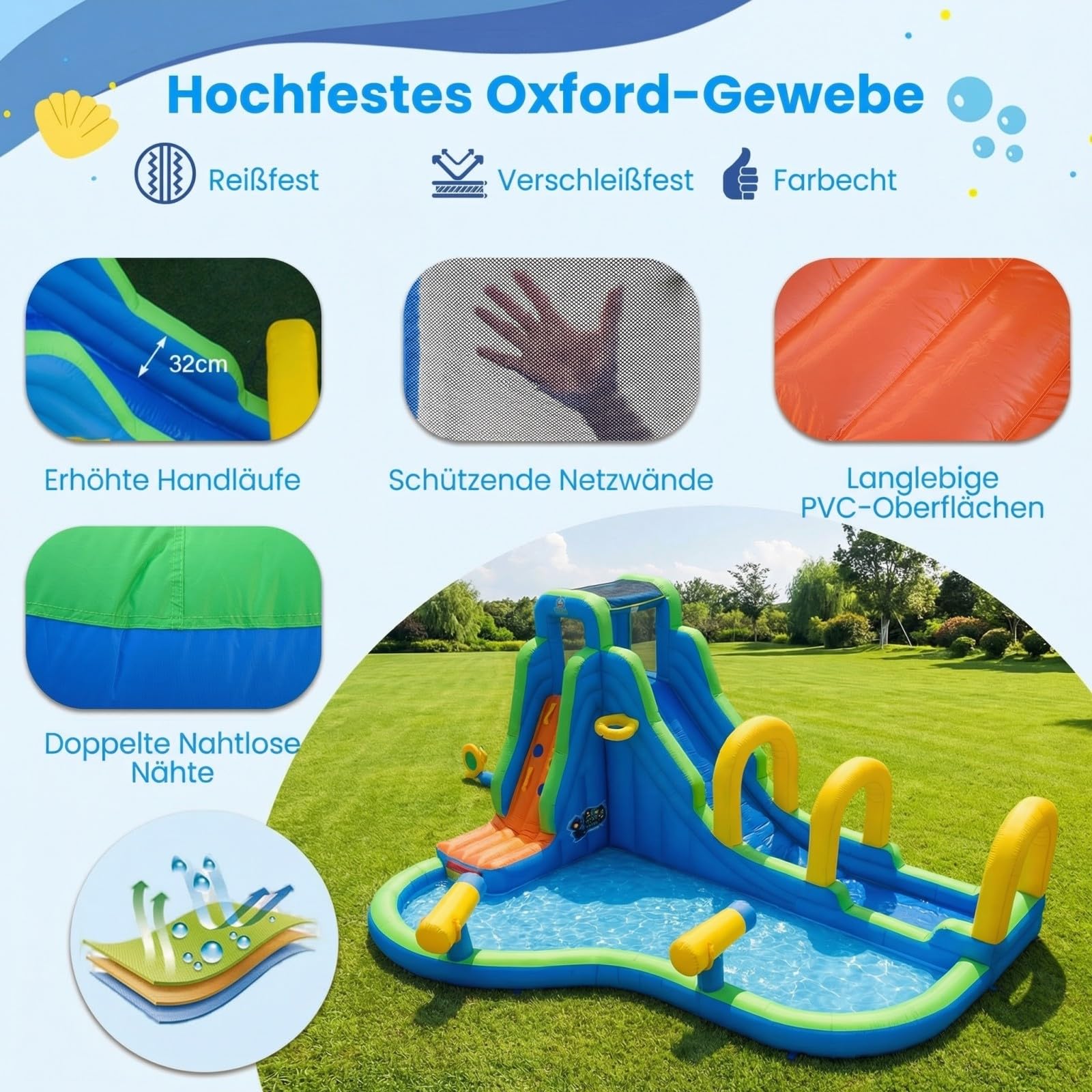 COSTWAY Hüpfburg mit Rutsche, Planschbecken, Kletterwand, Basketballkorb & 2 Wasserkanonen, Wasserhüpfburg für Kinder, Wasserpark für Außenbereich, 465 x 345 x 242 cm