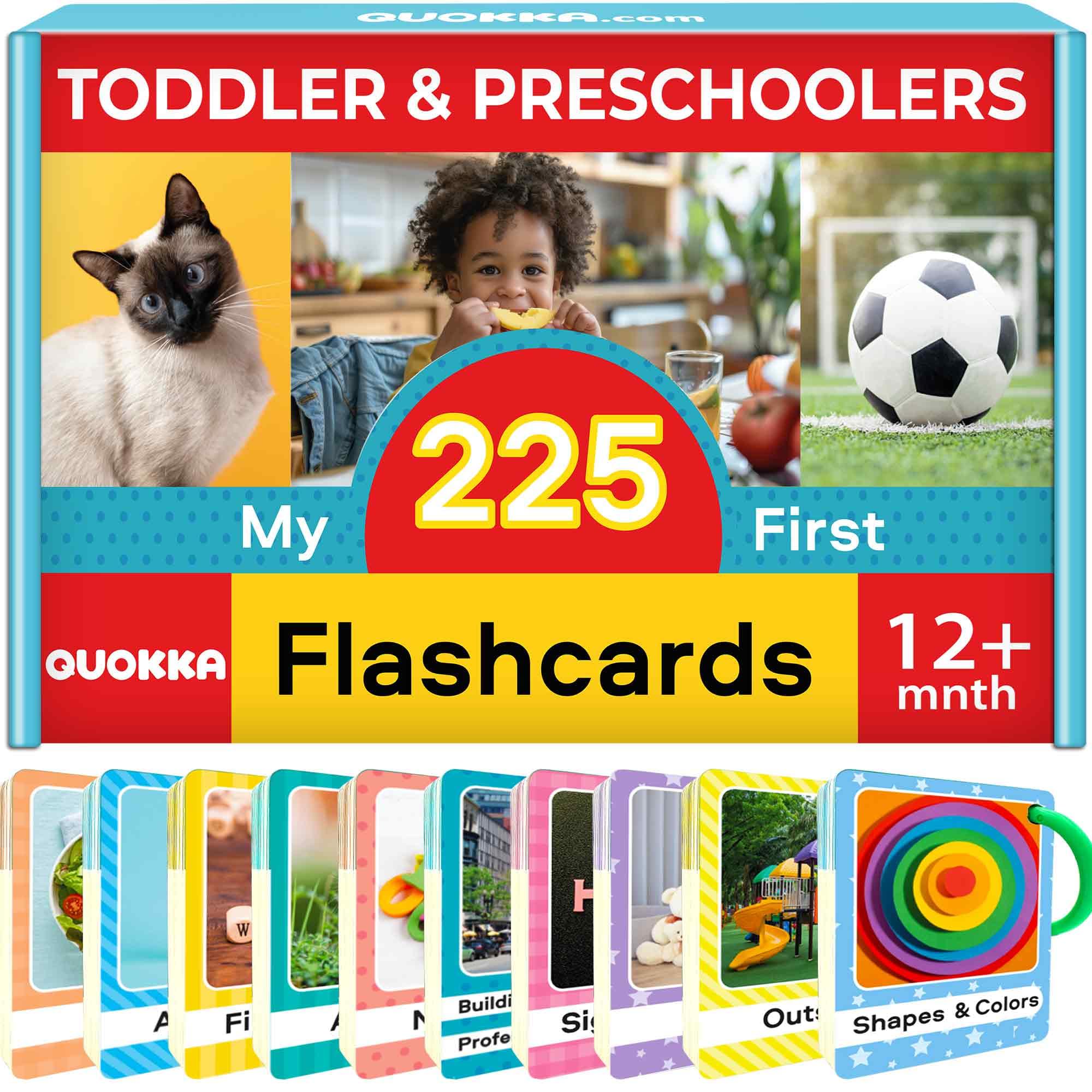QUOKKA 225 Flash Cards for Toddlers 1-3  Alphabet & First Words Flashcards with Rings  Toddler Educational Toys for Learning  Fun Big Size Letter Flashcards for Toddlers 3-5 years