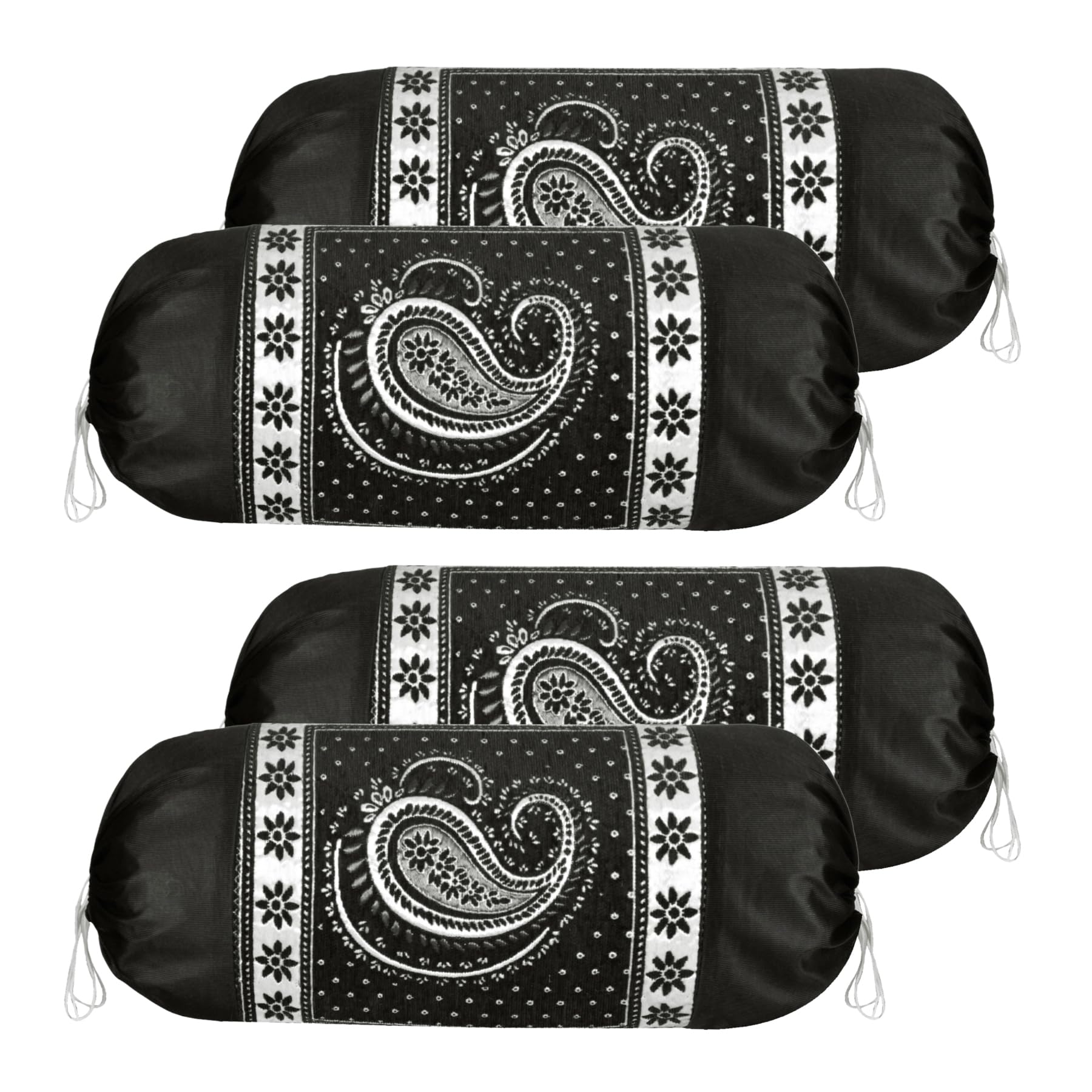 Kuber Industries Pack of 4 Aesthetic Bolster/Side Pillow Cover with Dori for Sofa & Diwan | Washable Cylindrical Takiya & Round Pillow Cover for Home Decor | Carry Design - Black