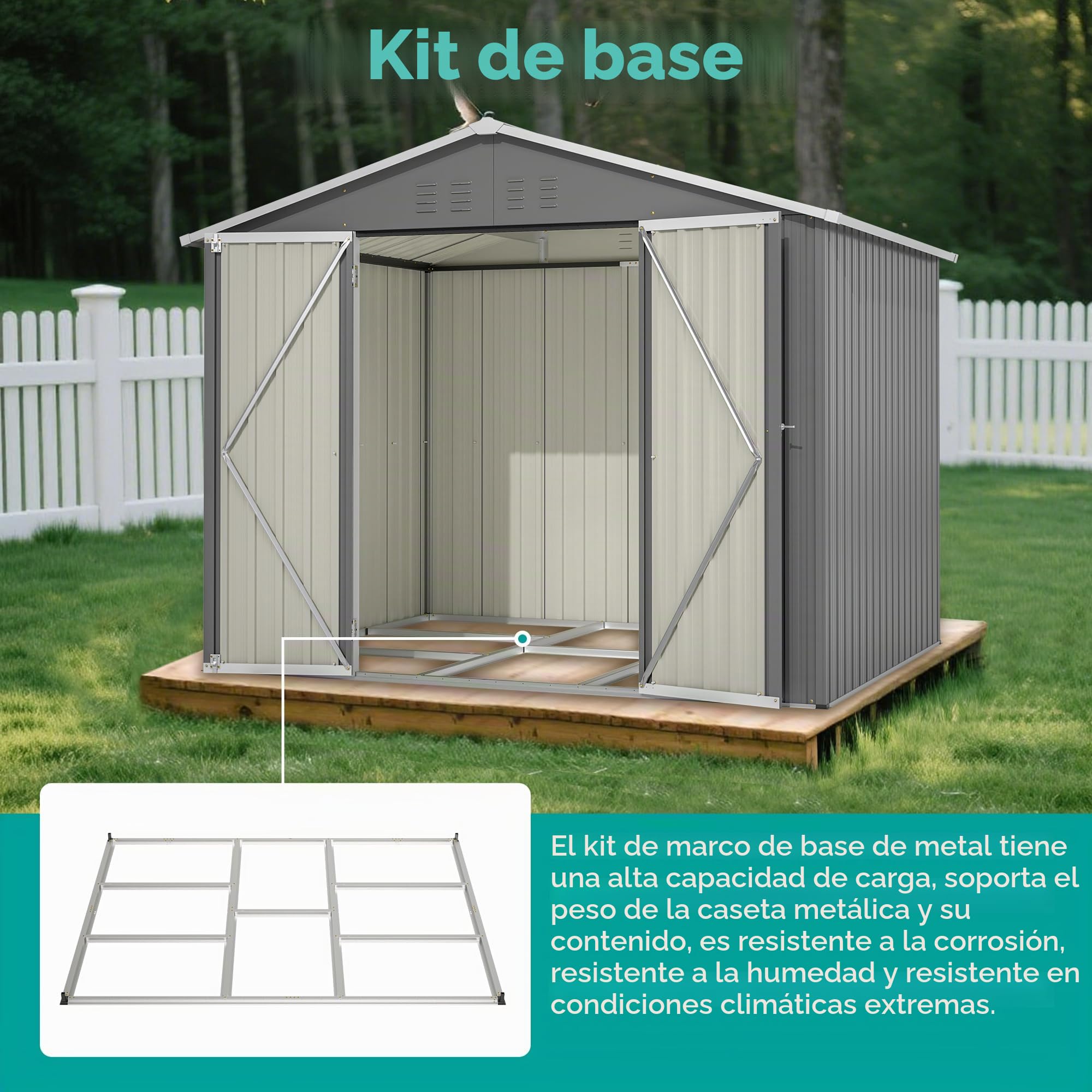Caseta de jardín de 240 x 180 cm, resistente a la intemperie, con base de metal, sin fondo, cobertizo de jardín para terraza, jardín, herramientas y exteriores, carbón negro