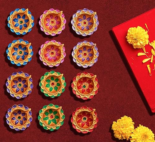 IndoTribe 12 piezas Diwali Diyas para decoración Diwali Decoraciones para el hogar Diwali luces Diwali Decoración Diwali Diya Diwali Vela Diwali