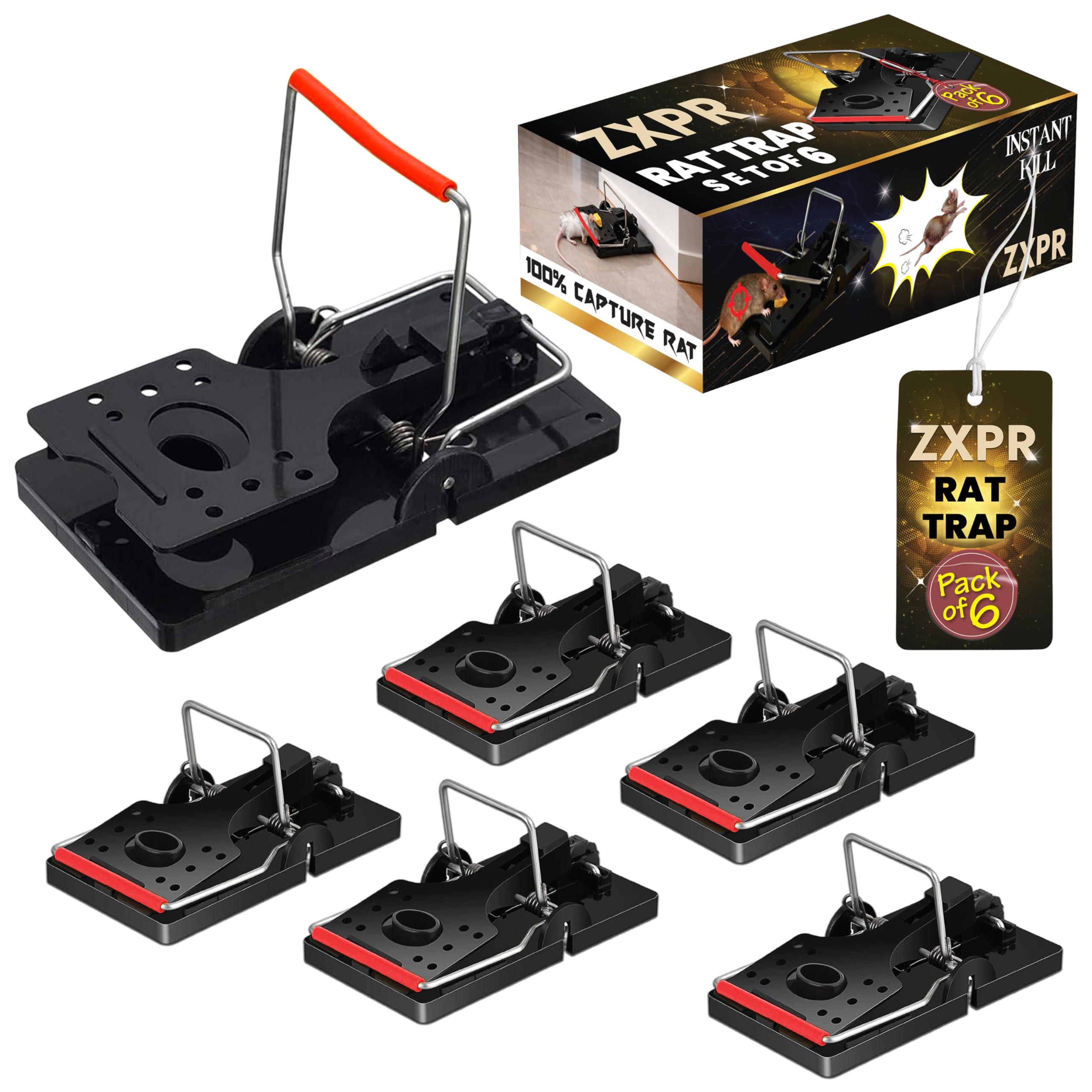 ZXPR Rat Traps - 6 x Large Heavy Duty Humane Mouse Traps That Kill Instantly for Indoors, Outdoor, Gardens -14 cm Reusable Rodent Solution with 1 Pair of Bonus Gloves