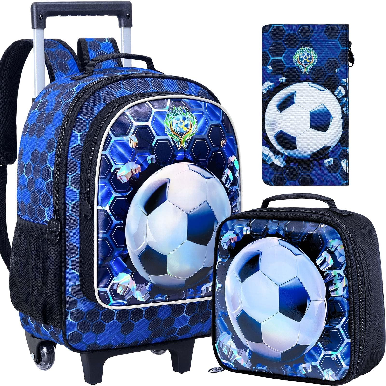 Zaino con rotelle per ragazzi, 3 pezzi, borsa per libri scolastici con borsa per il pranzo, zaini con ruote da calcio resistenti all'acqua, per ragazzi e ragazzi, Calcio Blu, Taglia unica