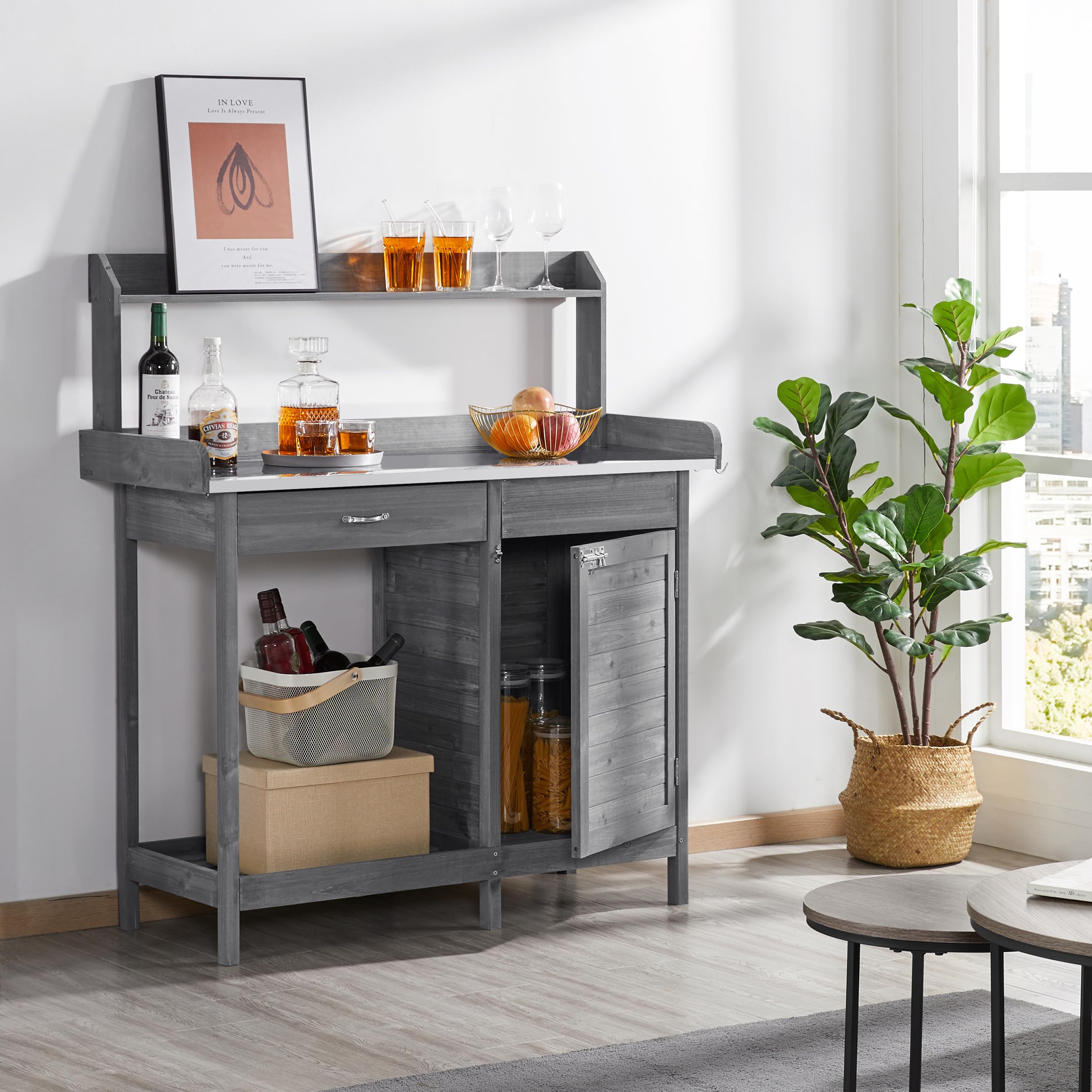 Yaheetech Mesa de Jardinería con cajón Estante Armario de Mesa Plantación 112 x 46,5 x 125 cm Gris