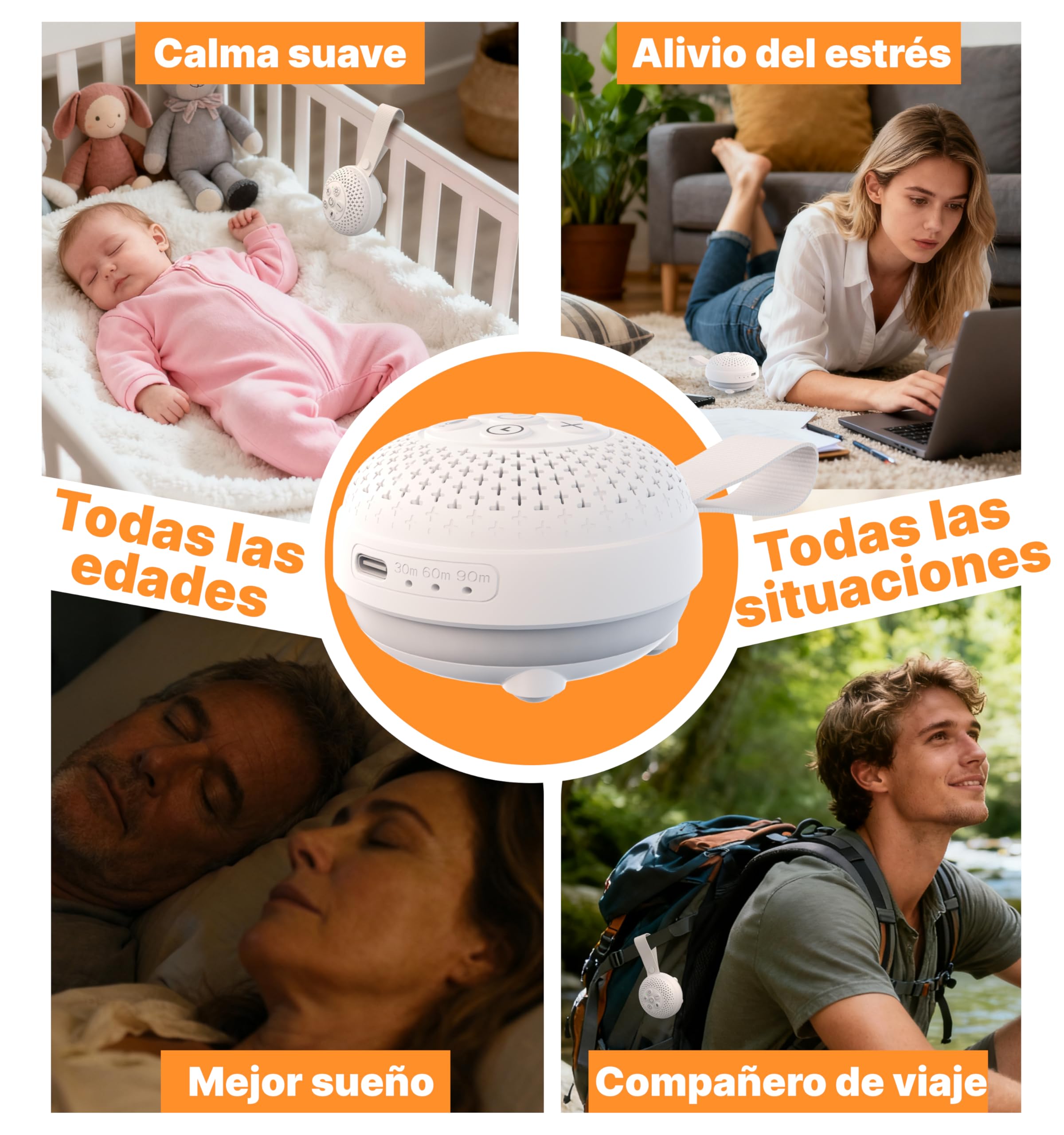Hmusic Máquina Ruido Blanco, Sueño Bebé, Luz Noche, Temp 60H | Máquina Sonido Portátil Adultos, Batería 20-60H, Temporizador, Luz 3-Brillos, Guardería, Viaje