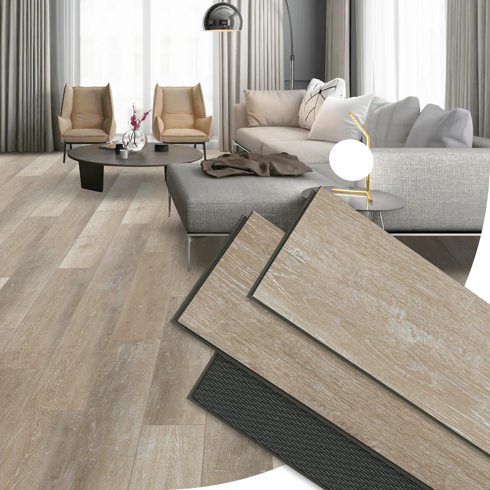  vinyl flooring plank click?lock rigid core waterproof oak wood look lvp10planks with ixpe pad 7.17"×48" x6 mm 20mil wear layer scratch & dent resistant (light painewood-box)