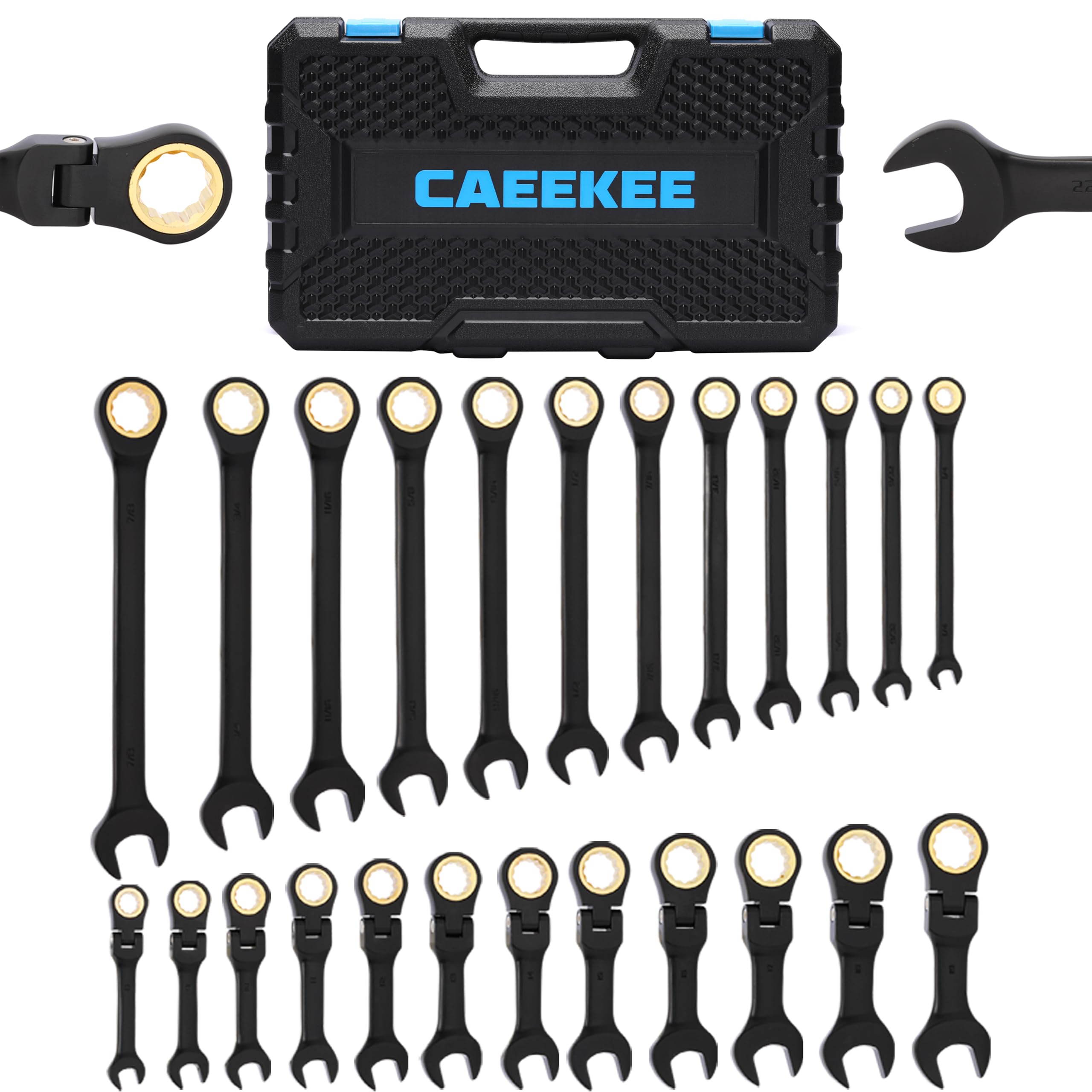 CaeeKee 24PCS 72T Ratcheting Combination Wrench Set - 12PCS Stubby Flex-Head Metric (8mm-19mm) & 12PCS Fixed-Head SAE (1/4"-7/8"), 12 Point, CR-V