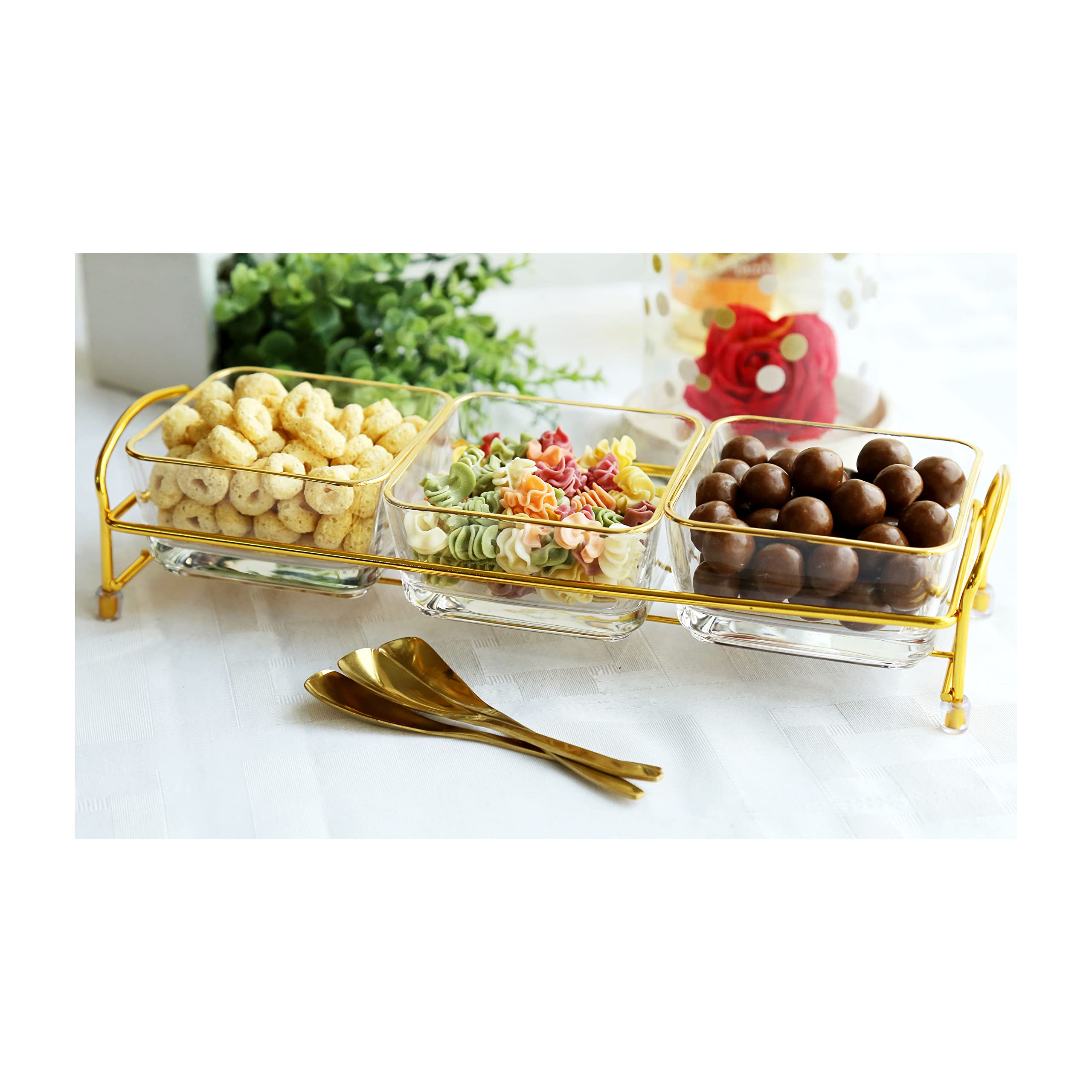 Cuisine Art 3pcs Bowls Serving Set with Stand, 3 Glass 260ML Stainless steel Spoons, Gold/Clear, BT-506315