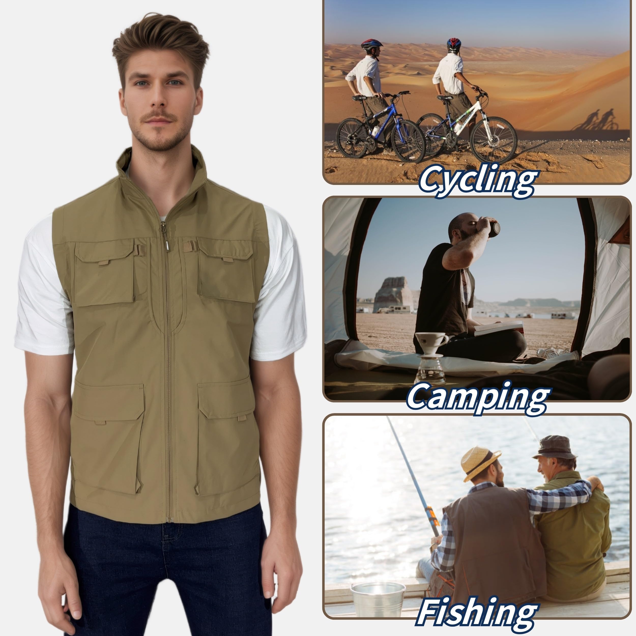 Homme Gilet de pêche À Séchage Rapide Gilet Multi-Poches Gilet Plein Air Veste Légère Respirant Veste de Sport Loisirs Gilet Photographie Camping Sans Manches Veste