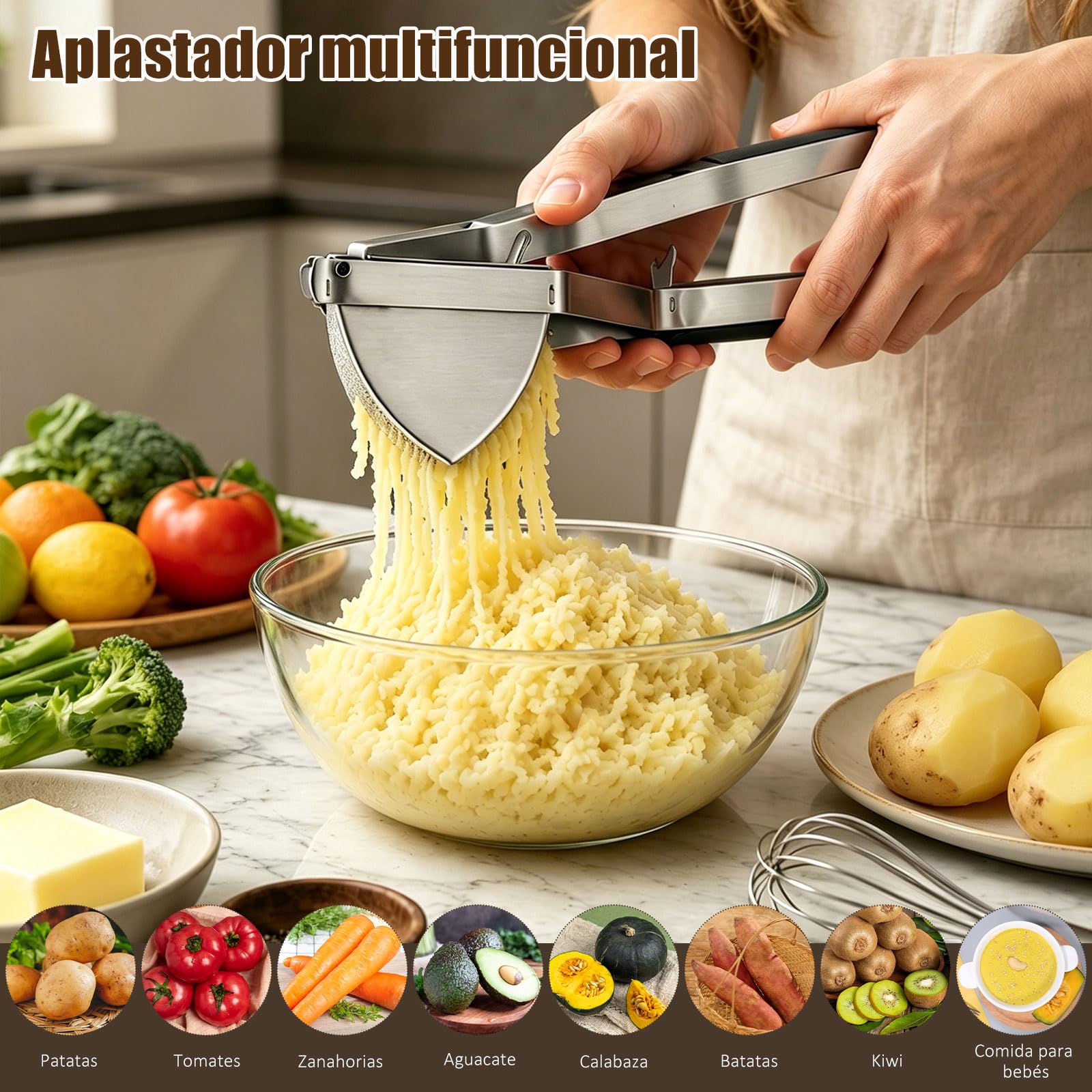 Prensa Patatas de Acero Inoxidable – Pasapures Acero Inoxidable con Capacidad 650ml, incl. Pelador, Cepillo de Limpieza y Espátula de Silicone