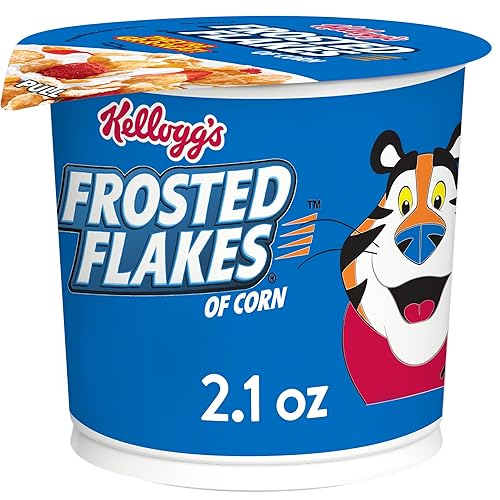 Taza de cereal frío Kellogg's Frosted Flakes, 8 vitaminas y minerales, aperitivos para niños, original, 2.1 oz (1 taza)