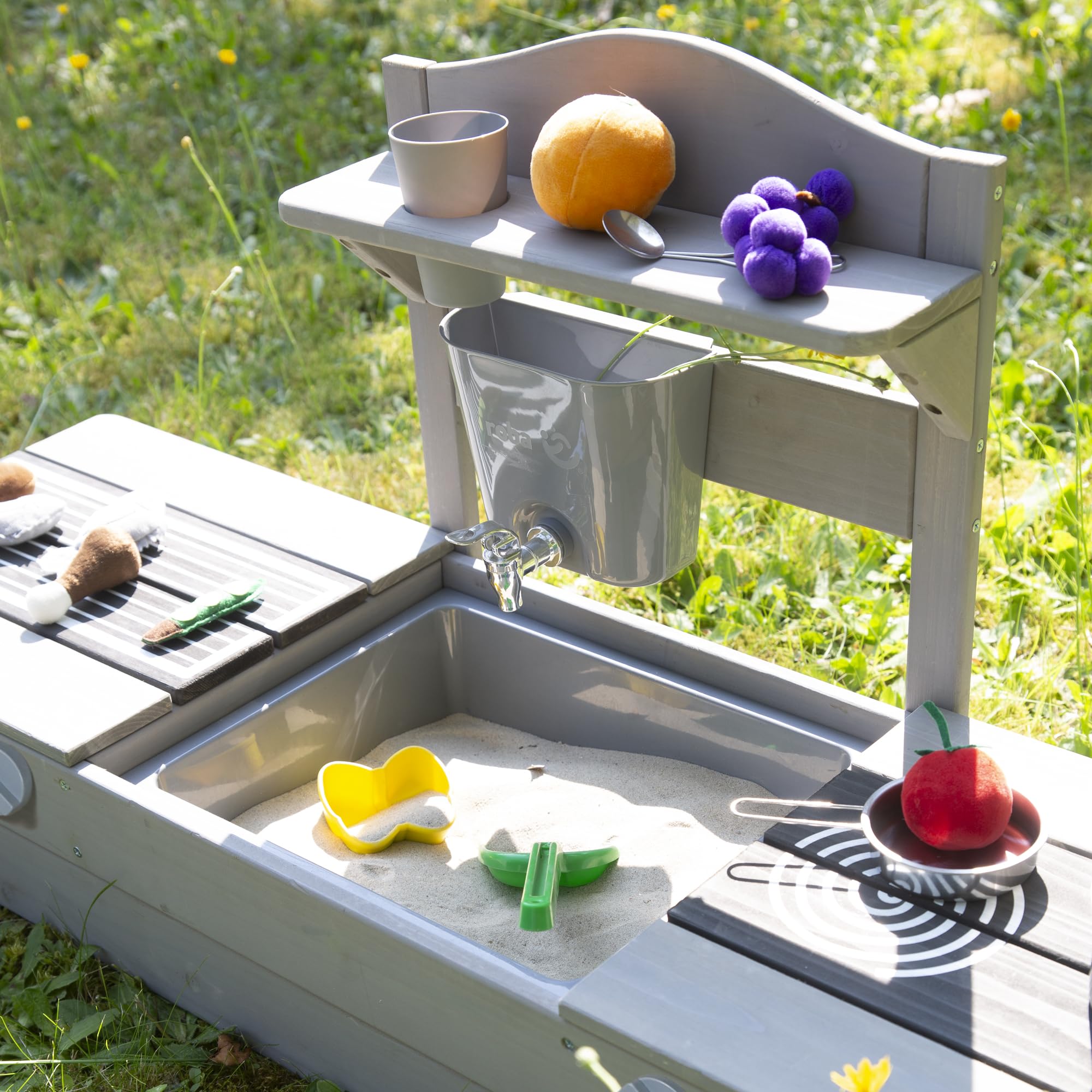 roba Bac à Sable 2 en 1 & Cuisine de Jeu pour Enfants - Certifié FSC® - avec Accessoires - Cuisine Compacte pour Balcon & Jardin - Gris