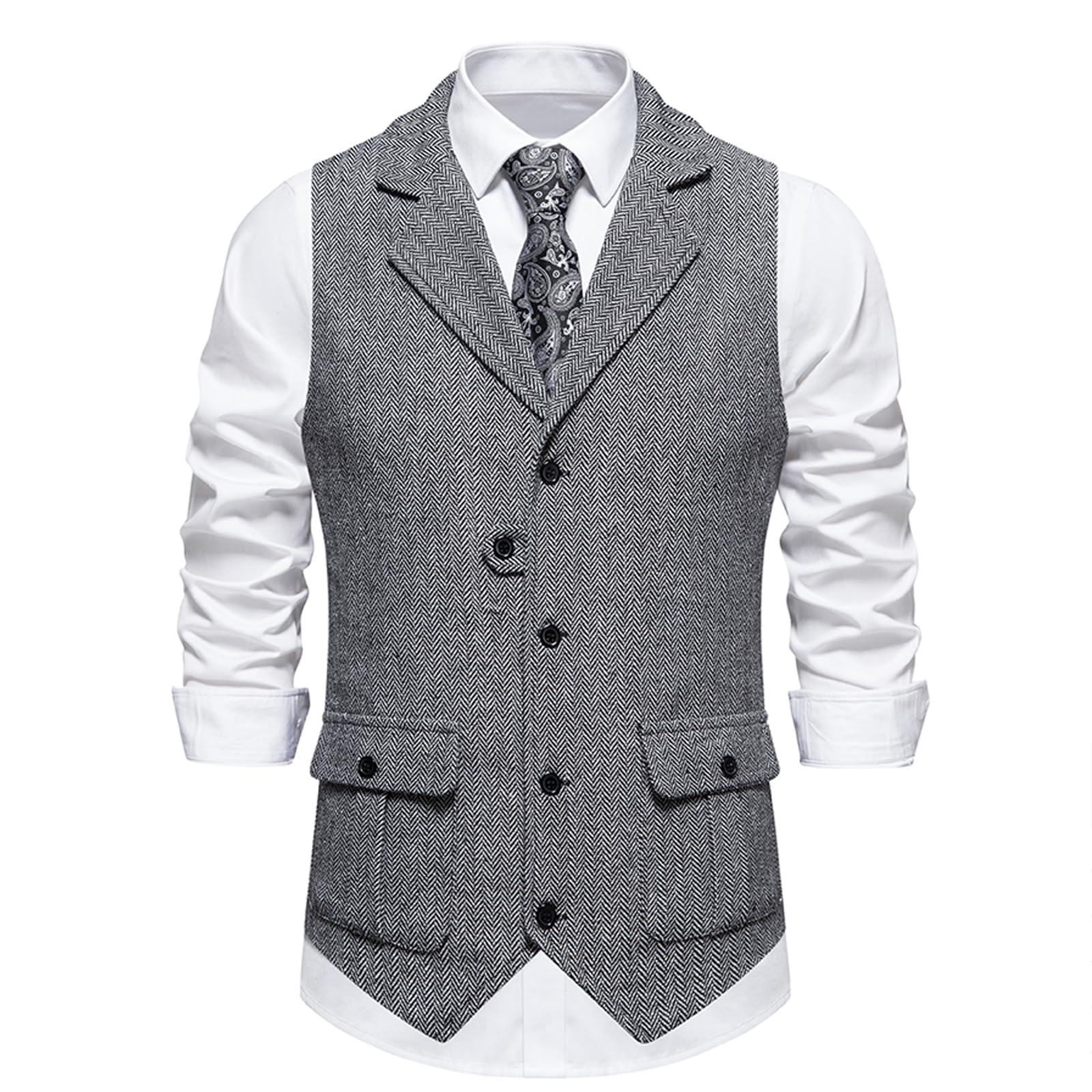 Gilet da uomo senza maniche con scollo a V, formale, in tweed, classico, business, casual, per feste, matrimoni, con tasca