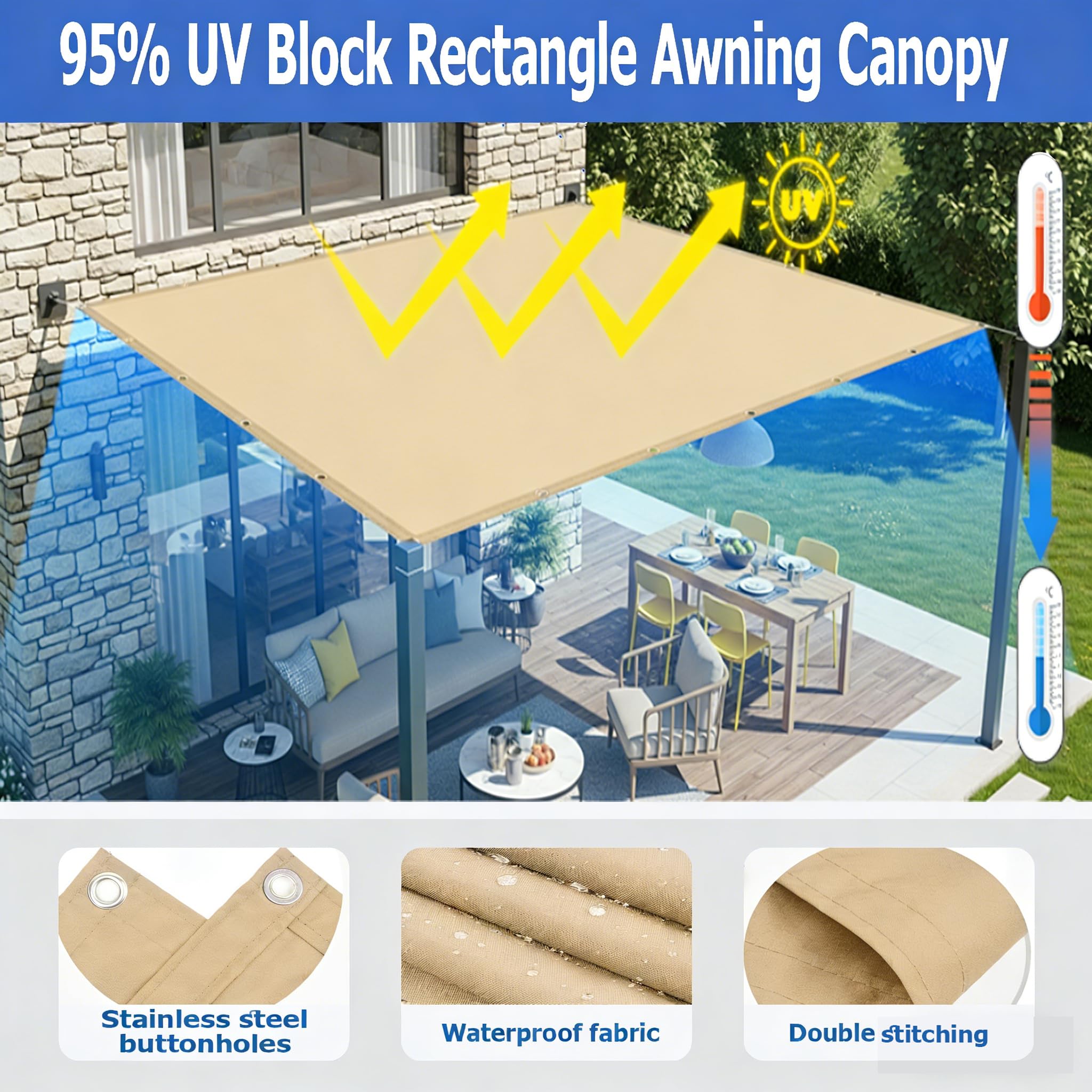 Sonnensegel Wasserdicht 4x5M Sonnensegel Rechteckig mit Ösen Markisenstoffe UV Schutz Wetterfest mit Seilen für Garten Terrasse Balkon, Sandfarbe