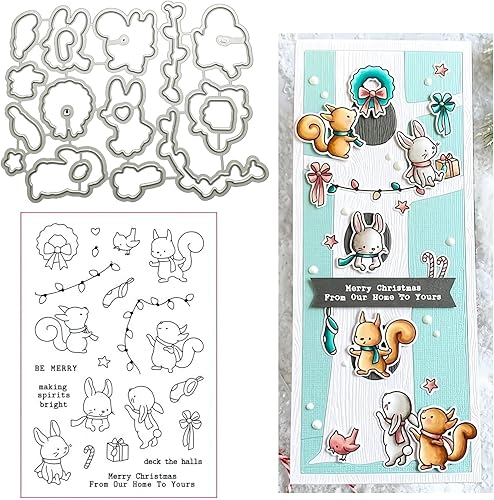 Juego de sellos y troqueles de silicona transparente de conejo de ardilla para hacer tarjetas, troqueles de corte de metal para álbumes de recortes,