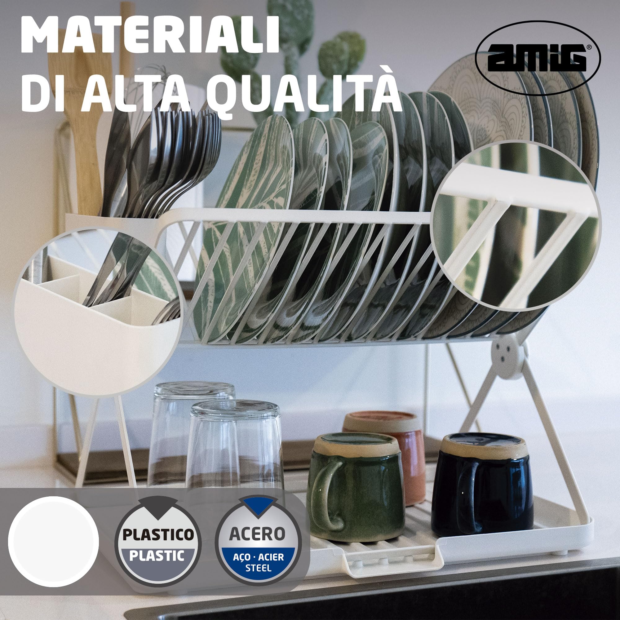 Amig - Scolapiatti Pieghevole Kaplya - 41,5 x 33,2 x 33,8 cm - Acciaio e Plastica - Colore Bianco - Scolapiatti Compatto con Vassoio di Sgocciolamento e Supporto per Posate - Ideale per Piccole Cucine