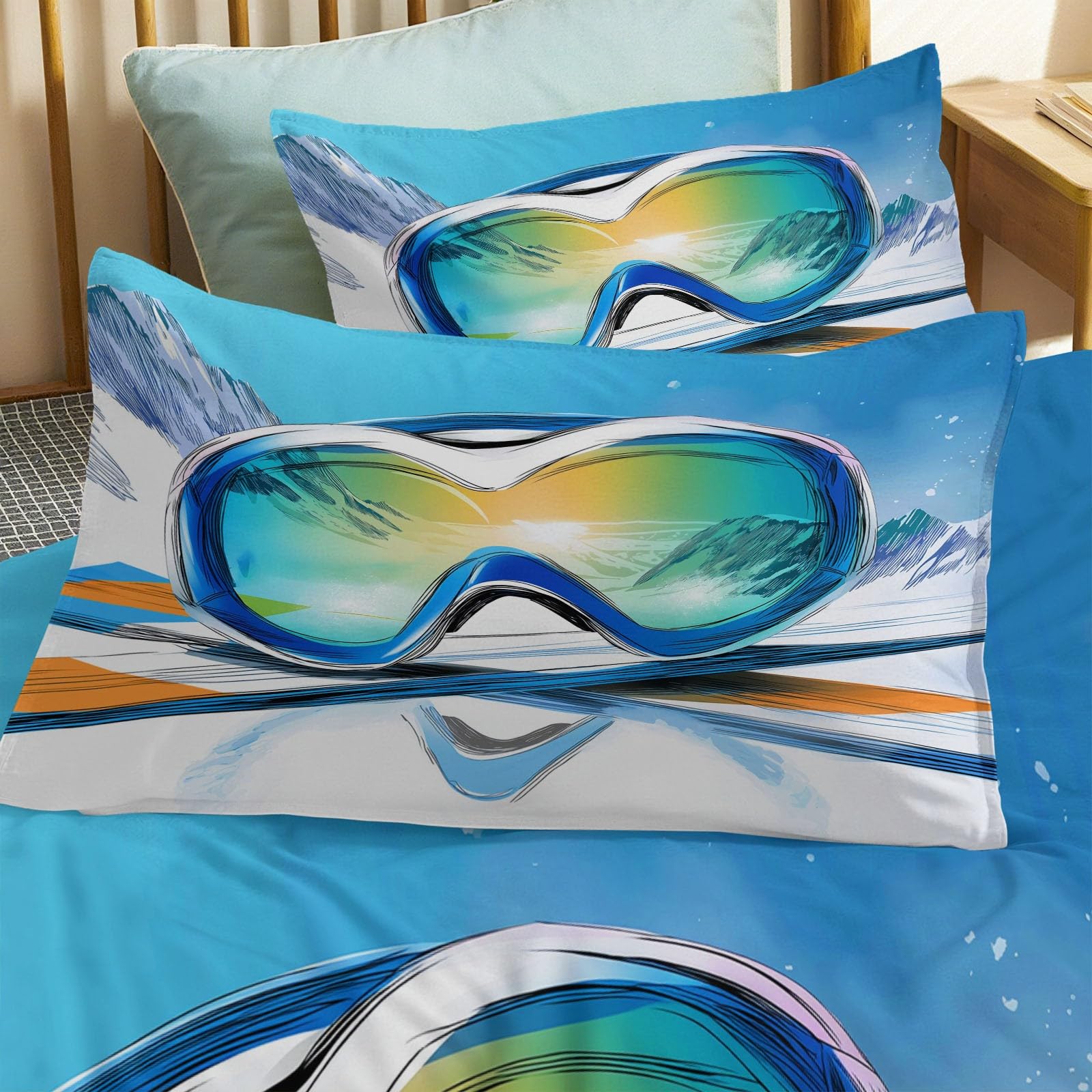 Générique Poszwa na kołdrę 220 x 240 cm nastolatka dorosły - zestaw pościeli z nadrukiem dwustronne okulary narciarskie zimowe nowoczesne sporty minimalizm, hipoalergiczny niebieski zestaw pościeli