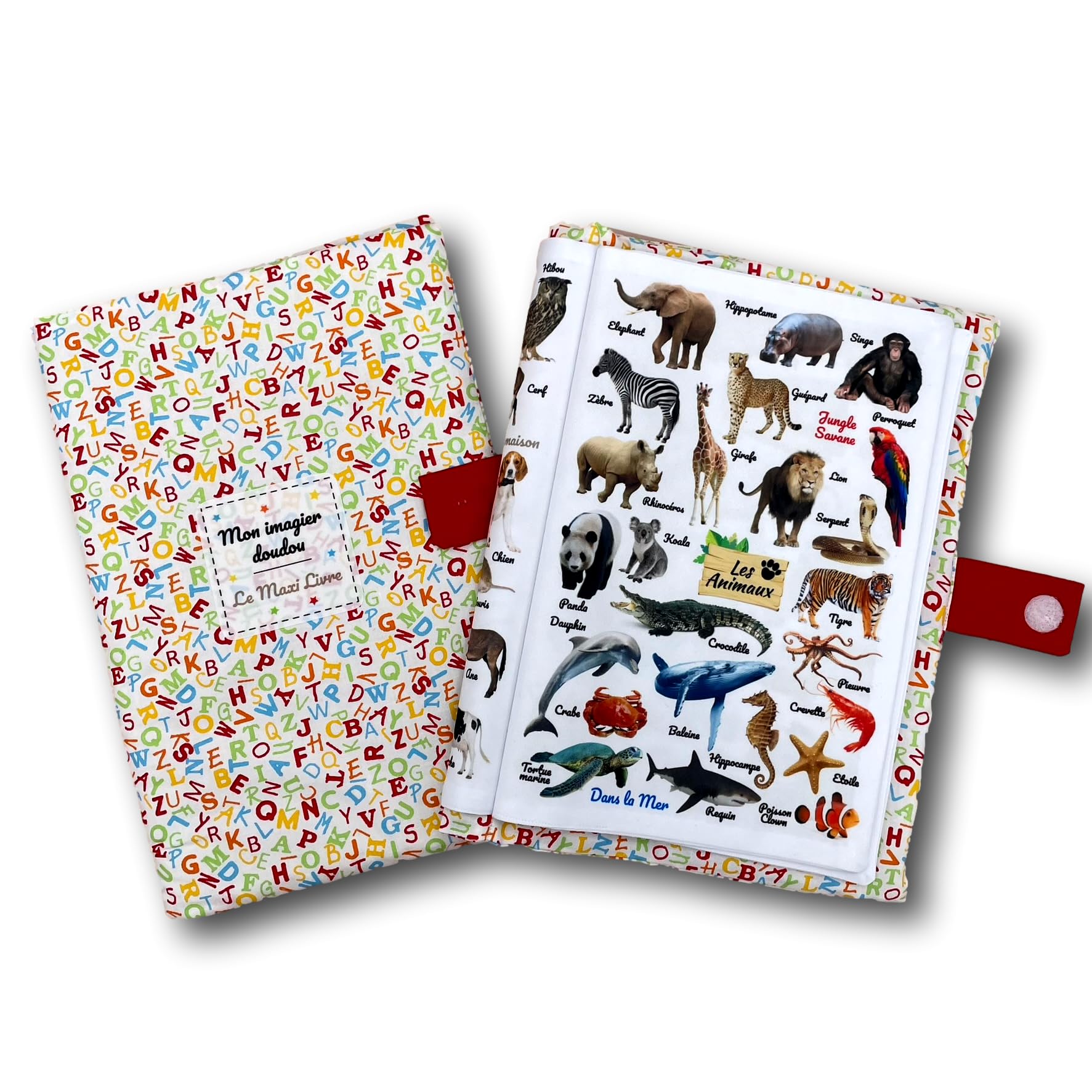 Livre d'éveil éducatif en tissu imagier photo Format A4 couverture Lettres, thèmes animaux, repas, véhicules, couleurs et mots