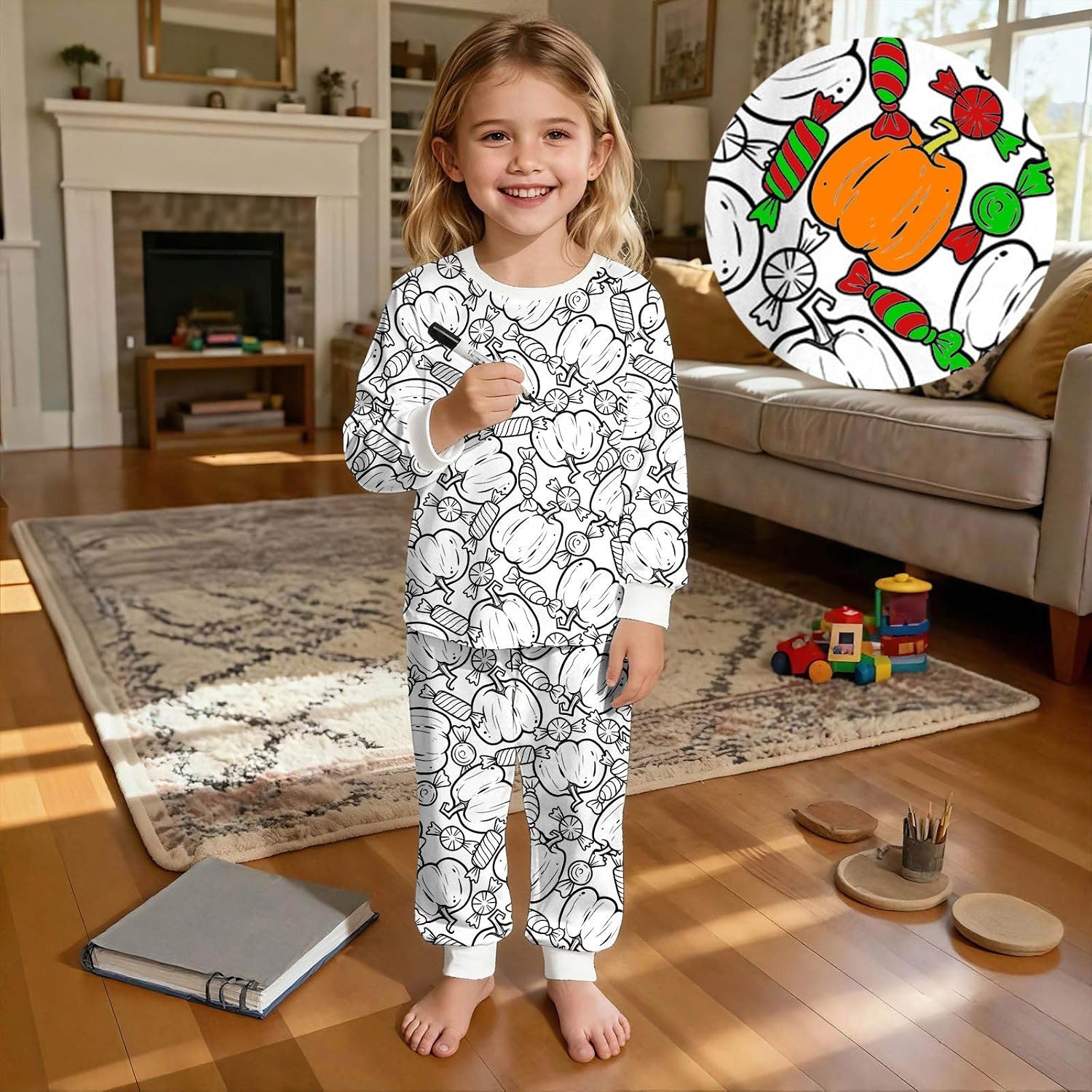 Halloween DIY Coloring Set 2 Piece Hand Painted Colorable Funny Outfit Long Sleeve Tops and Pants Color Your Own