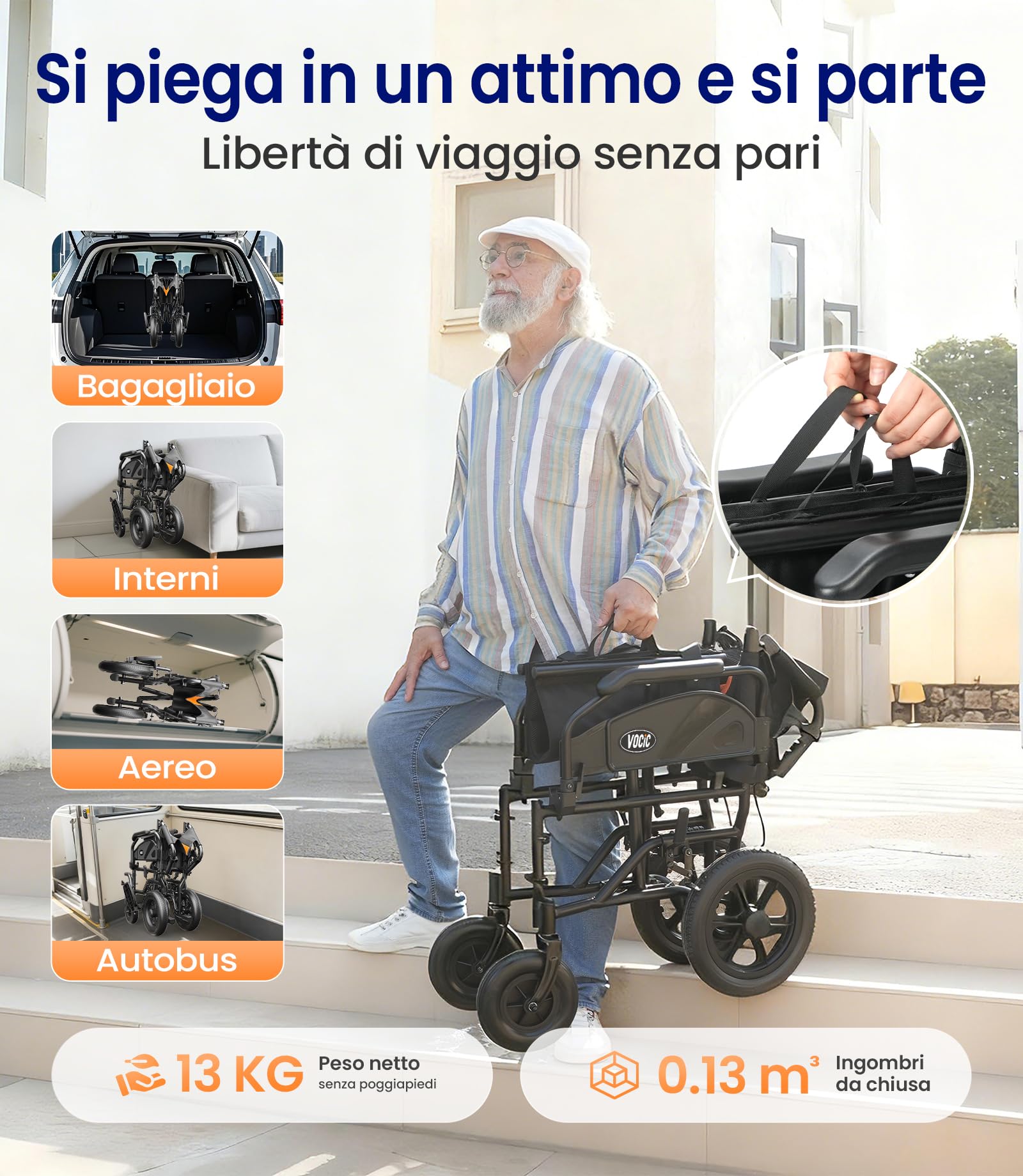 VOCIC Sedia a rotelle U11, pieghevole, leggera, 13 kg, sedia a rotelle per l'appartamento, pieghevole fino a 136 kg, seduta 46 cm, due freni, 30 cm, cuscino in rete 3D, sedie a rotelle strette