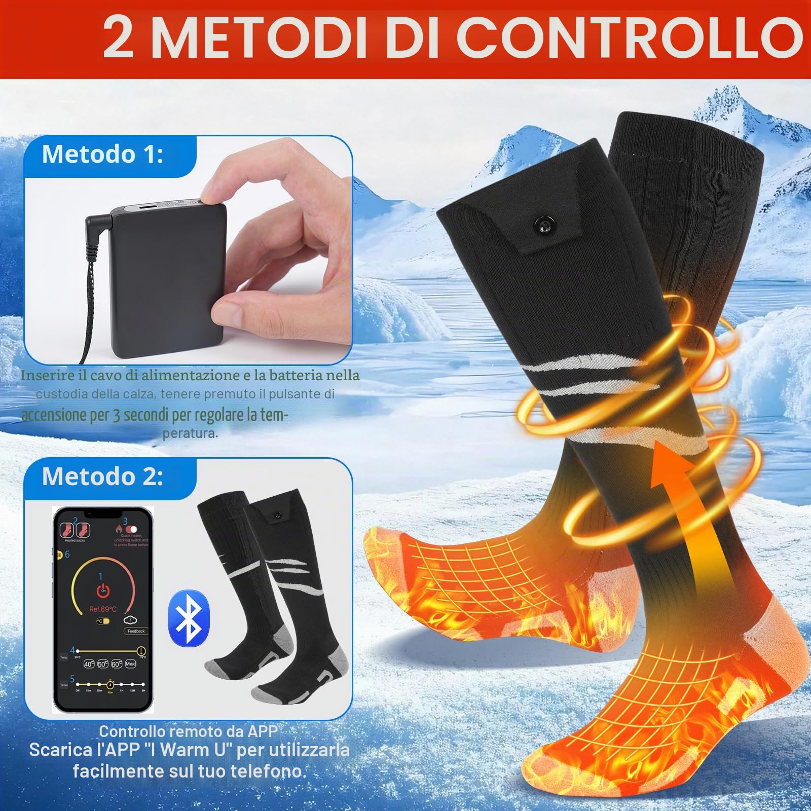 Calzini Riscaldati con APP Potenziati Batteria Ricaricabile da 5000mAh Calzini Riscaldati Elettrici per Uomo e Donna 4 Temperature Regolabili Ciclismo all'Aperto Campeggio Trekking Moto Sci L