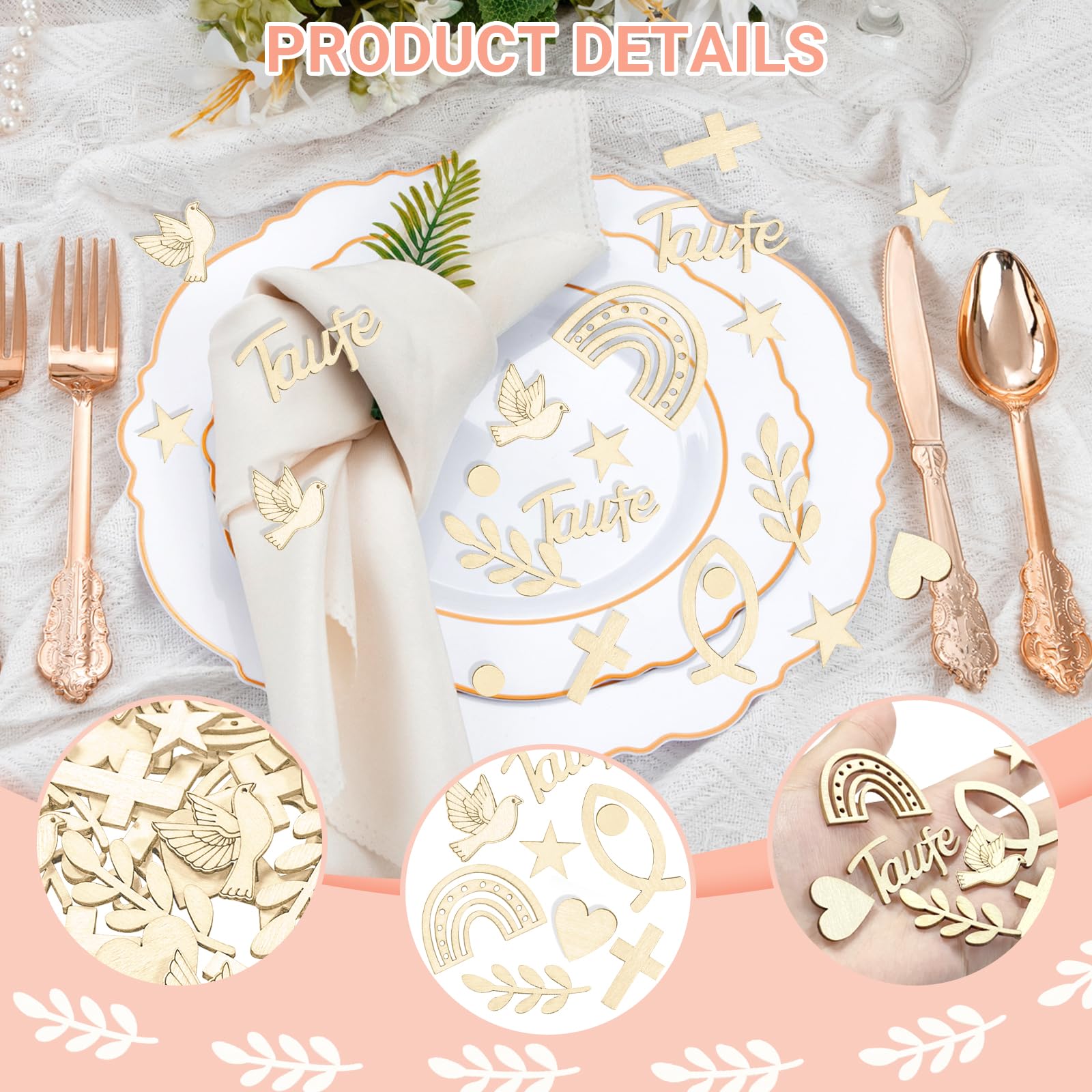 SPOKKI 90 Pcs Confettis Bapteme, Baptême Confettis En Bois, Deco Bapteme Forme Pigeon Sauge, Confetti Baptême Deco Table Bapteme Decoration Table