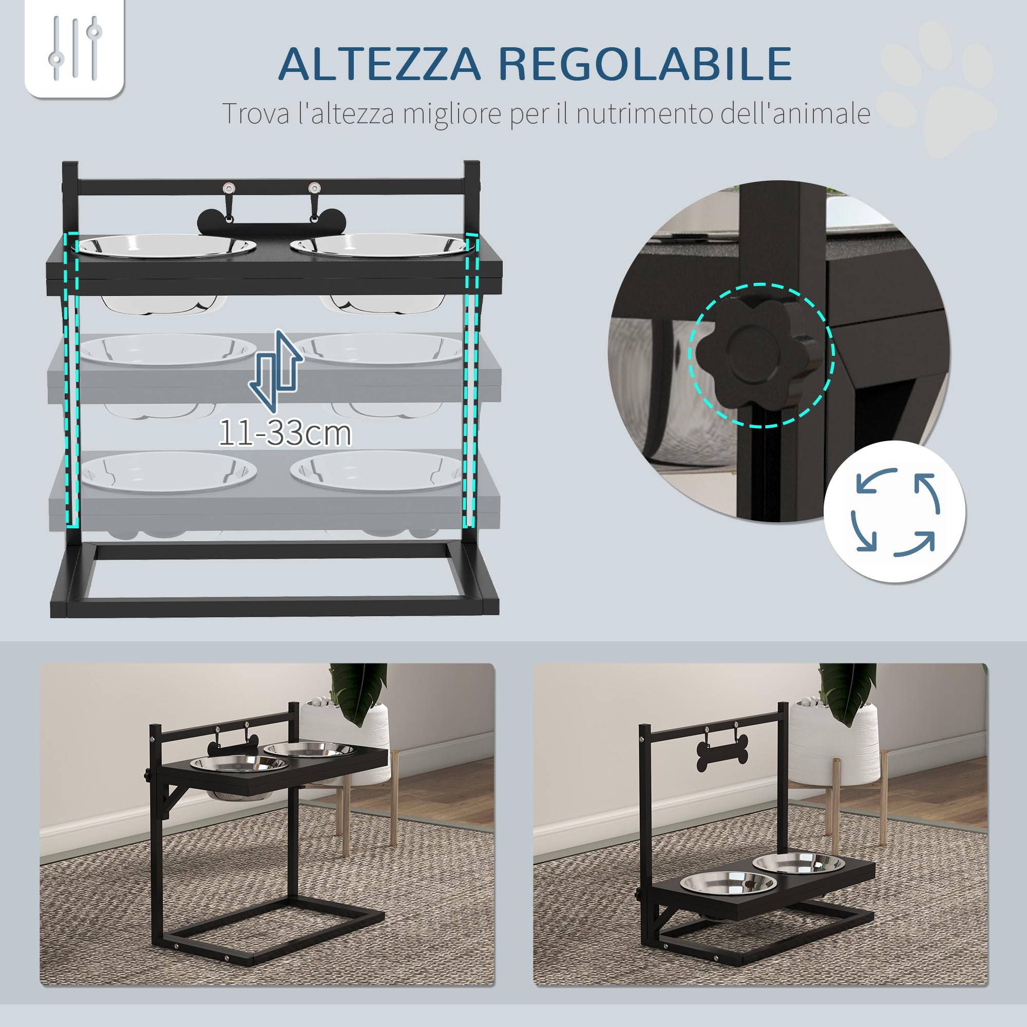 PawHut Ciotole per Cani Rialzate con Altezza Regolabile e Targhetta, 2 Ciotole in Acciaio da 900ml per Acqua e Cibo, Nero