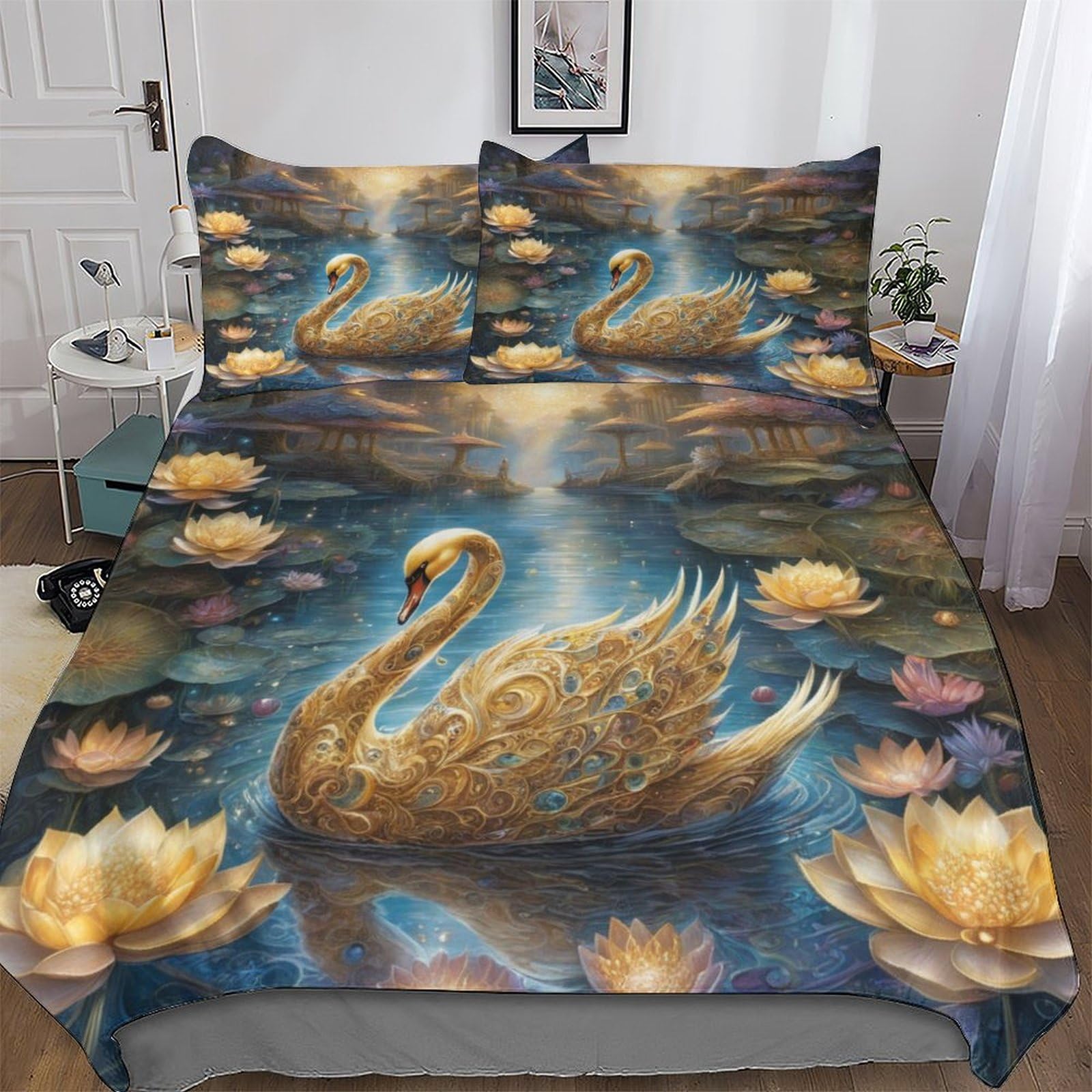 Swan Duvet Cover Set Kids Bed Cover Adults Bedroom Quilt Cover 3 Pcs, 3D Printing Bedding Comforter Cover Bedspread, Soft Microfiber Bed Set Double (200x200cm)