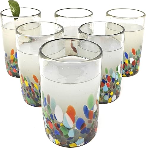 Vasos mexicanos soplados a mano – Juego de 6 vasos con diseño de confeti Carmen (14 onzas cada uno)