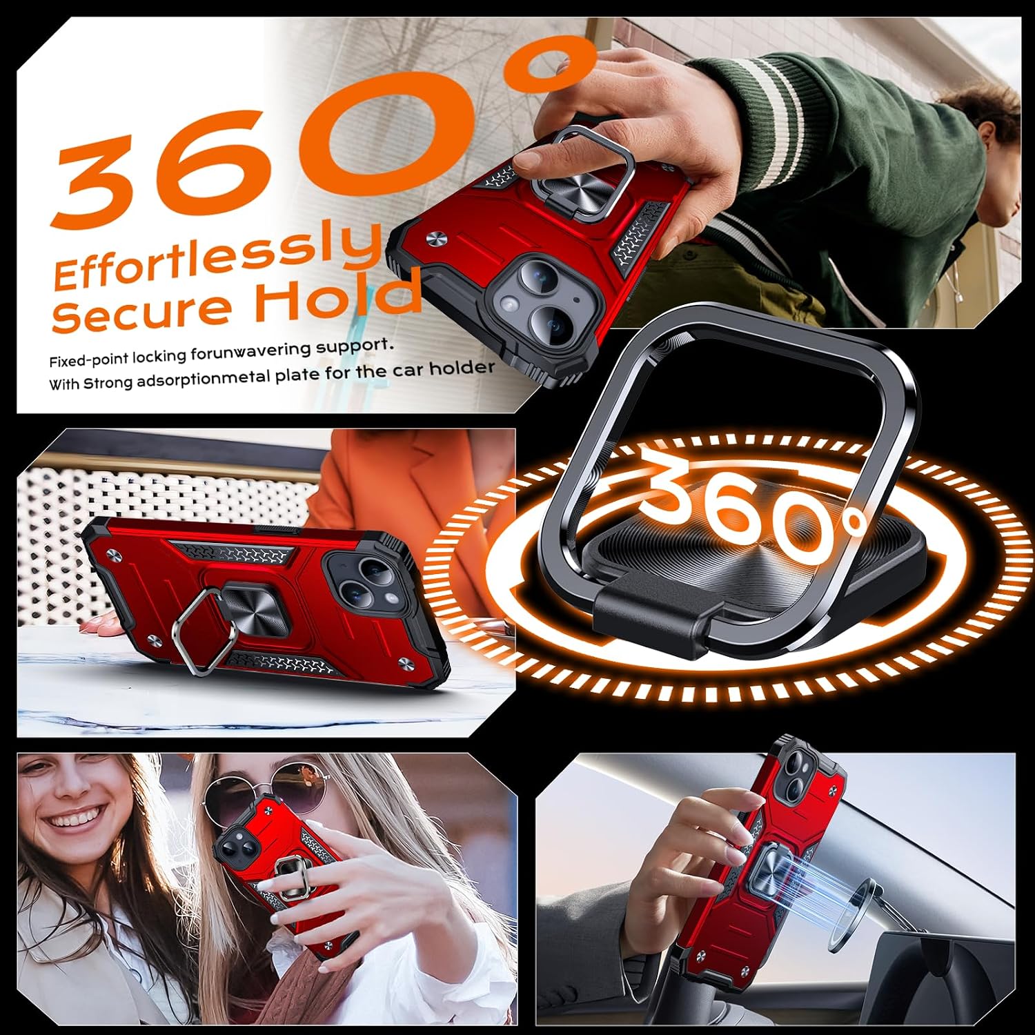 Anqrp Heavy Duty Case for iPhone 13/14 Case with Enhanced Ring Holder Grip Stand, Military Grade Shockproof Rugged Drop Protective Silicone Hard Slim iPhone 13/14 Phone Case Cover,Corail Red image 2