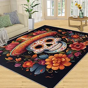 Sugar Skull Area Rugs 5x7, Colorful Flowers Rugs for Bedroom, Day of The Dead Living Room Carpet, Mexican Skeleton Decor Mats Protect Floor for Office Hardwood Floors