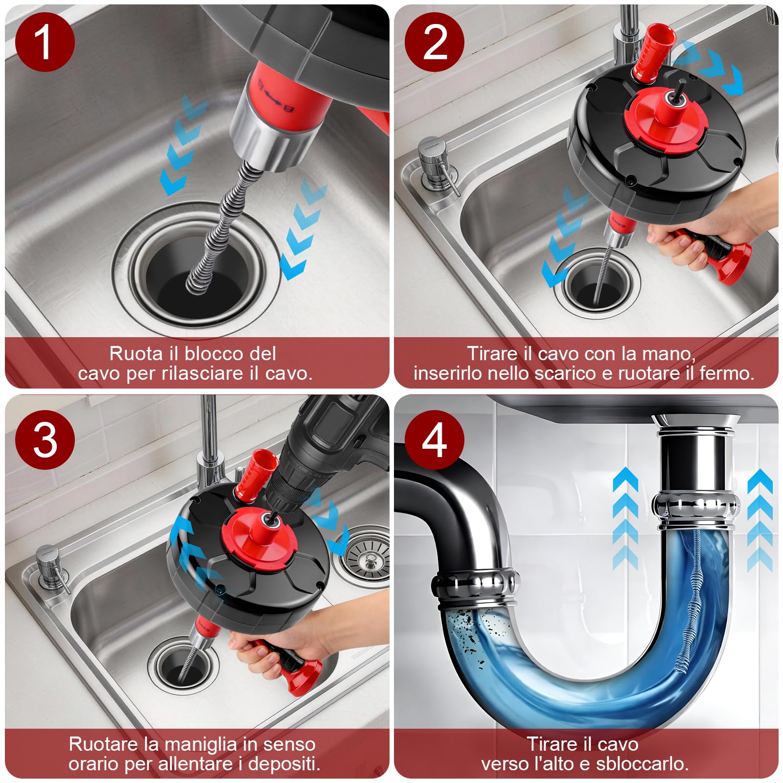 XIIW Sonda Sturatubi 2 in 1 Manuale/Elettrico | Spirale 9.5m | Adattatore per Trapano | Pulitore Scarichi per Lavandini, Box Doccia, Cucina e Pavimento – Include Guanti, Occhiali, Borsa Trasporto | Spulitore a spirale per scarichi intasati, ecologico, a s