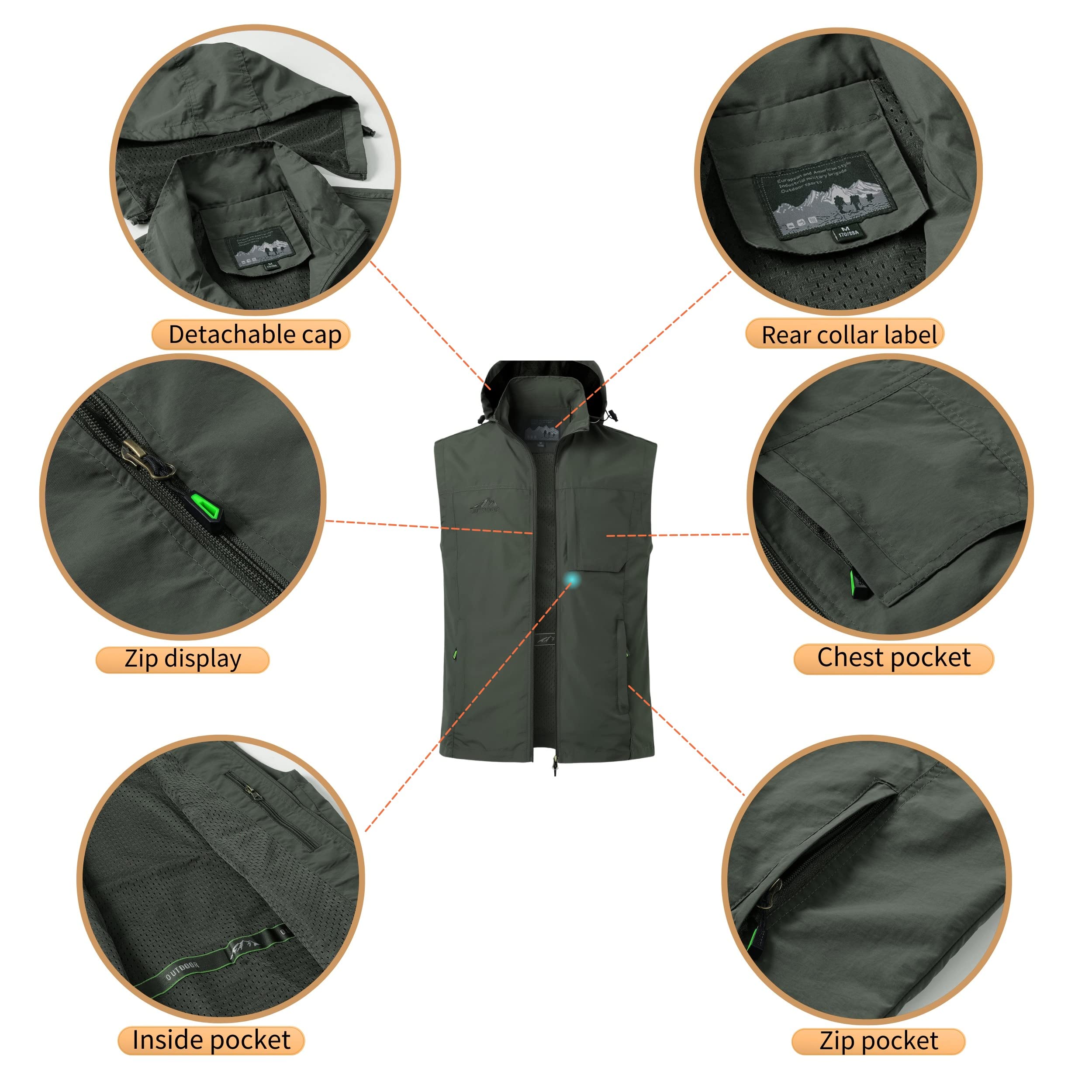 Gilet da Pesca da Uomo All'aperto Casual Asciugatura rapida Giubbotto Sportivo Multi-Tasche Gilet da Pesca Campeggio Caccia Fotografia Giacca Senza Maniche da Gilet con Cappuccio Staccabile