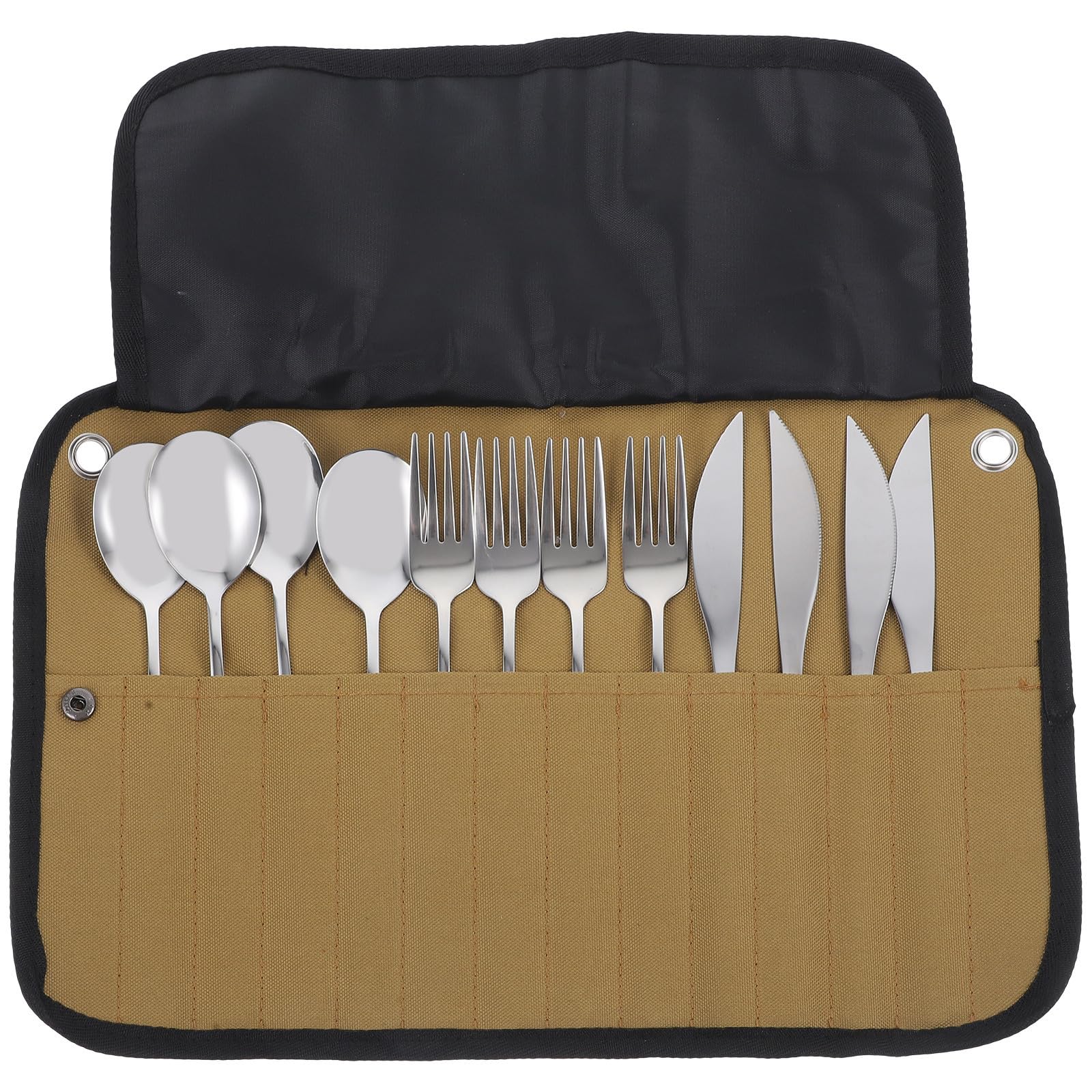 Set Posate da Campeggio in Acciaio Inox Borsa Arrotolabile | Argento, Design Compatto e Leggero, Facile Pulire e Portare per Bbq e Campeggio